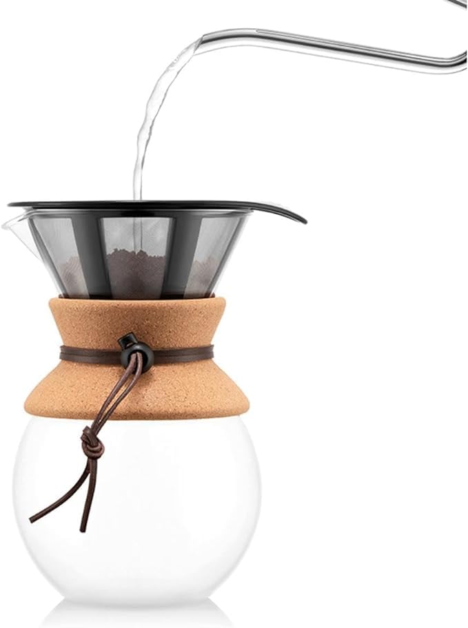Bodum 34 Oz Pour Over Coffee Maker, High-Heat Borosilicate Glass with Reusable Stainless Steel Filter and Cork Grip - Made in Portugal