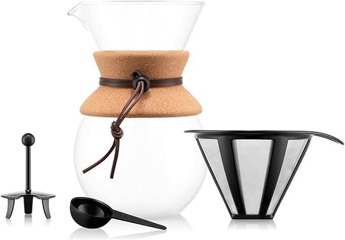 Bodum 34 Oz Pour Over Coffee Maker, High-Heat Borosilicate Glass with Reusable Stainless Steel Filter and Cork Grip - Made in Portugal