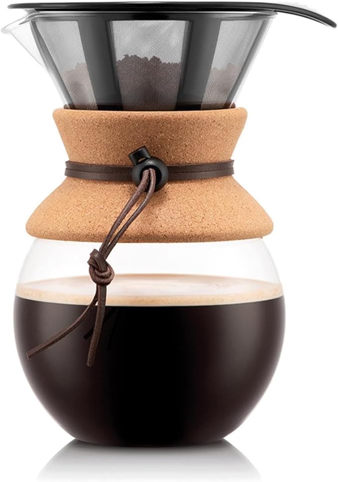 Bodum 34 Oz Pour Over Coffee Maker, High-Heat Borosilicate Glass with Reusable Stainless Steel Filter and Cork Grip - Made in Portugal