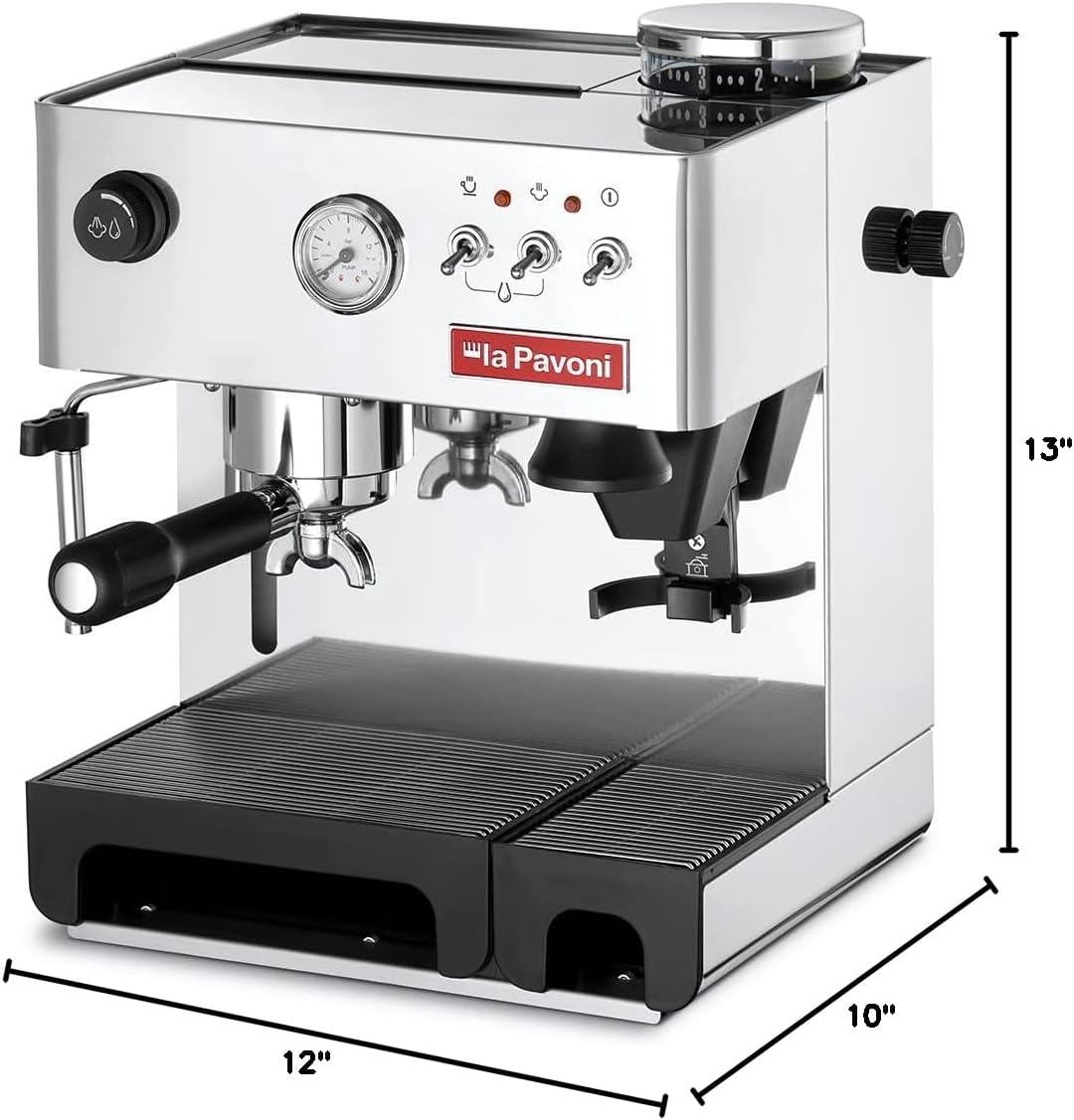 La Pavoni Domus Bar Espresso/Cappuccino Machine - Built-in Conical Burr Grinder with 7 Settings - Stainless Steel Body - 2.7L Water Reservoir - Turbo Steam Wand & Marine Brass Boiler - Made in Italy