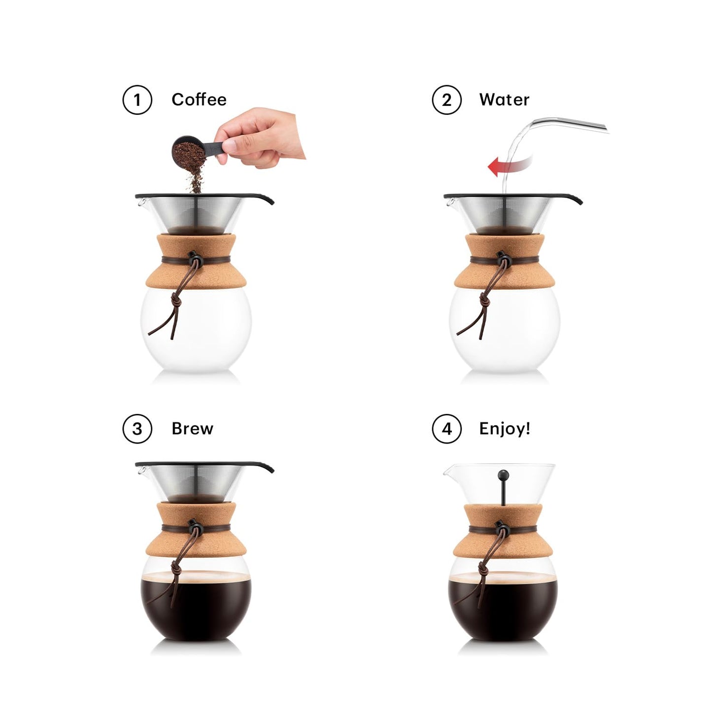 Bodum 34 Oz Pour Over Coffee Maker, High-Heat Borosilicate Glass with Reusable Stainless Steel Filter and Cork Grip - Made in Portugal