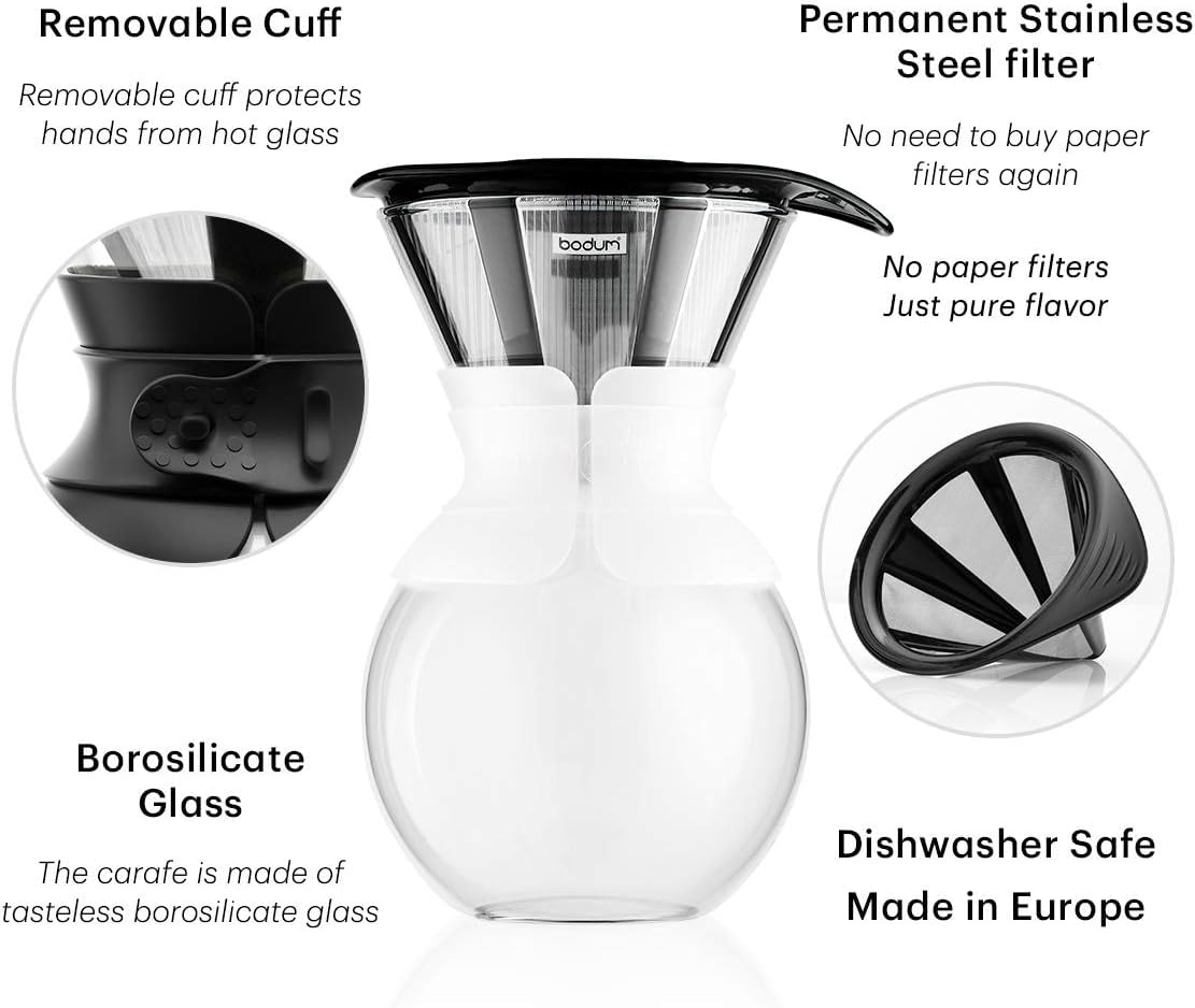 Bodum 34 Oz Pour Over Coffee Maker, High-Heat Borosilicate Glass with Reusable Stainless Steel Filter and Cork Grip - Made in Portugal
