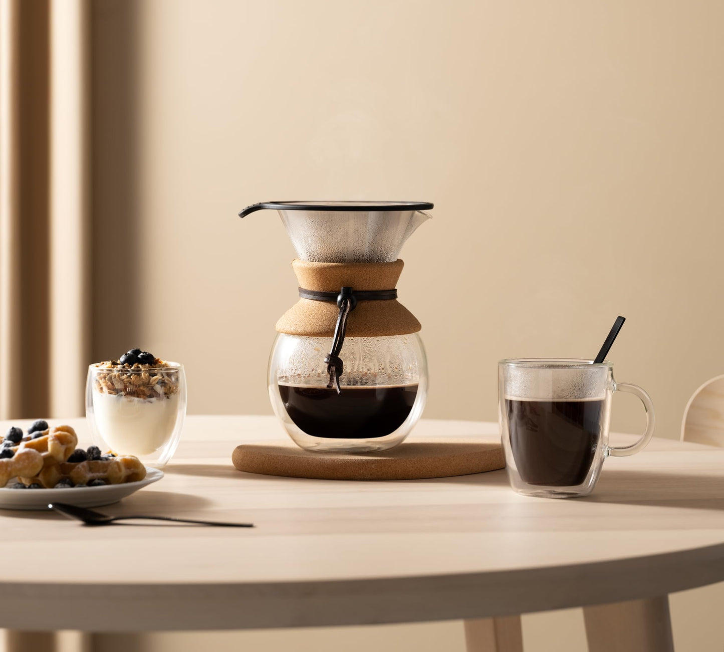Bodum 34 Oz Pour Over Coffee Maker, High-Heat Borosilicate Glass with Reusable Stainless Steel Filter and Cork Grip - Made in Portugal