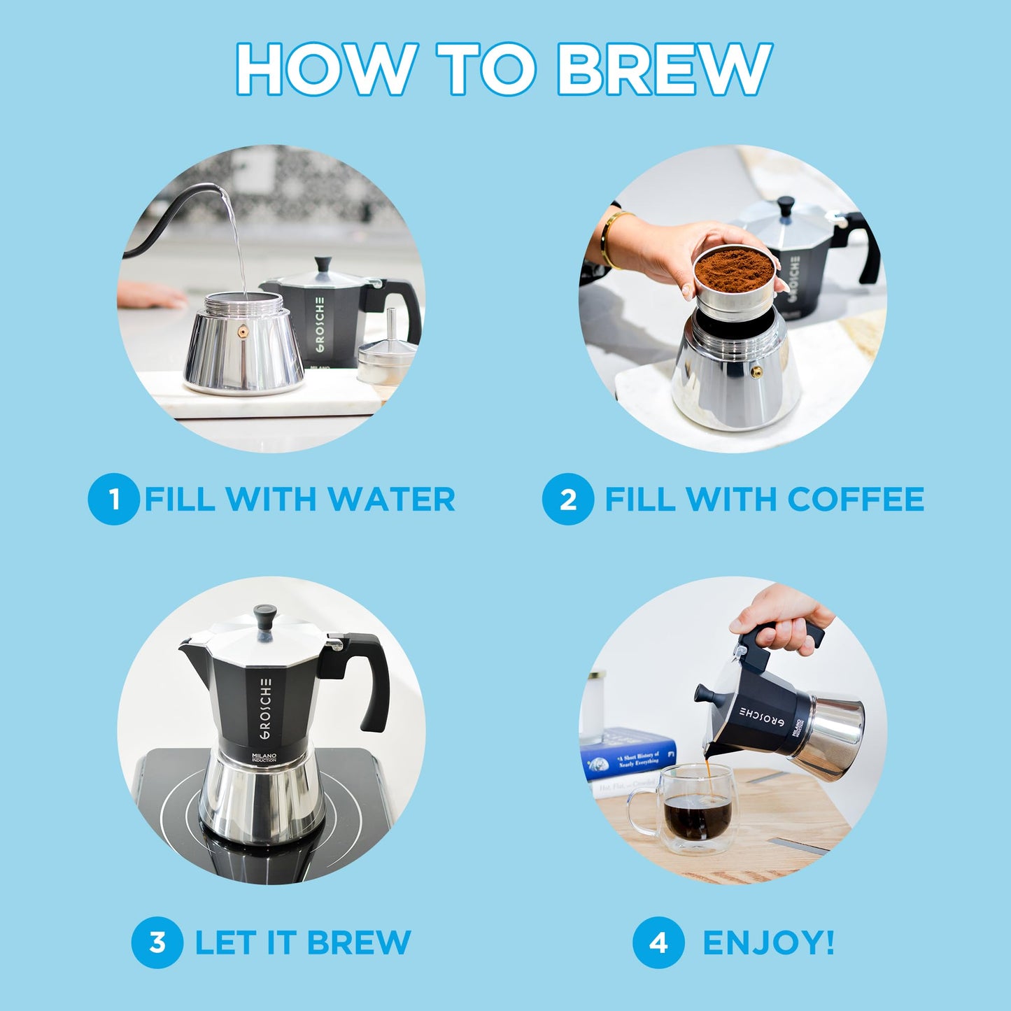 GROSCHE Milano Stovetop Espresso Maker Moka Pot 3 espresso Cup - 5oz, Red - Cuban Coffee Maker Stove top coffee maker Moka Italian espresso greca coffee maker brewer percolator