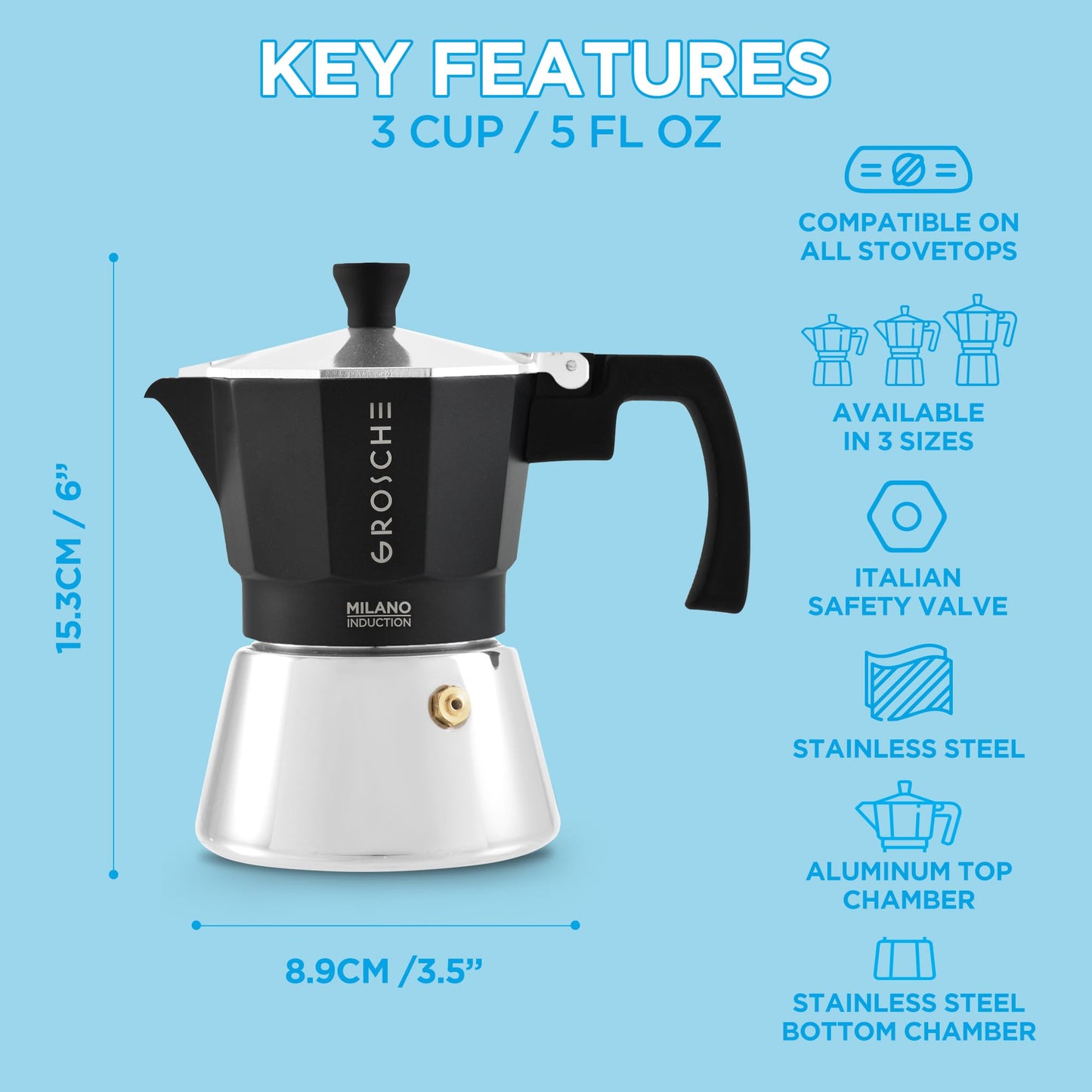 GROSCHE Milano Stovetop Espresso Maker Moka Pot 3 espresso Cup - 5oz, Red - Cuban Coffee Maker Stove top coffee maker Moka Italian espresso greca coffee maker brewer percolator