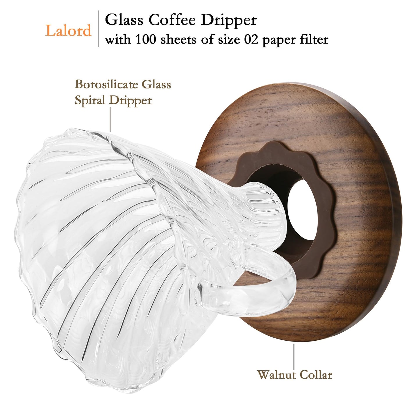Pour Over Coffee Dripper with 100 pcs of Size 02 Paper Filter, Borosilicate Glass & Walnut Collar, Drip Coffee Maker, 1-3 Cups, Clear (Coffee Dripper)