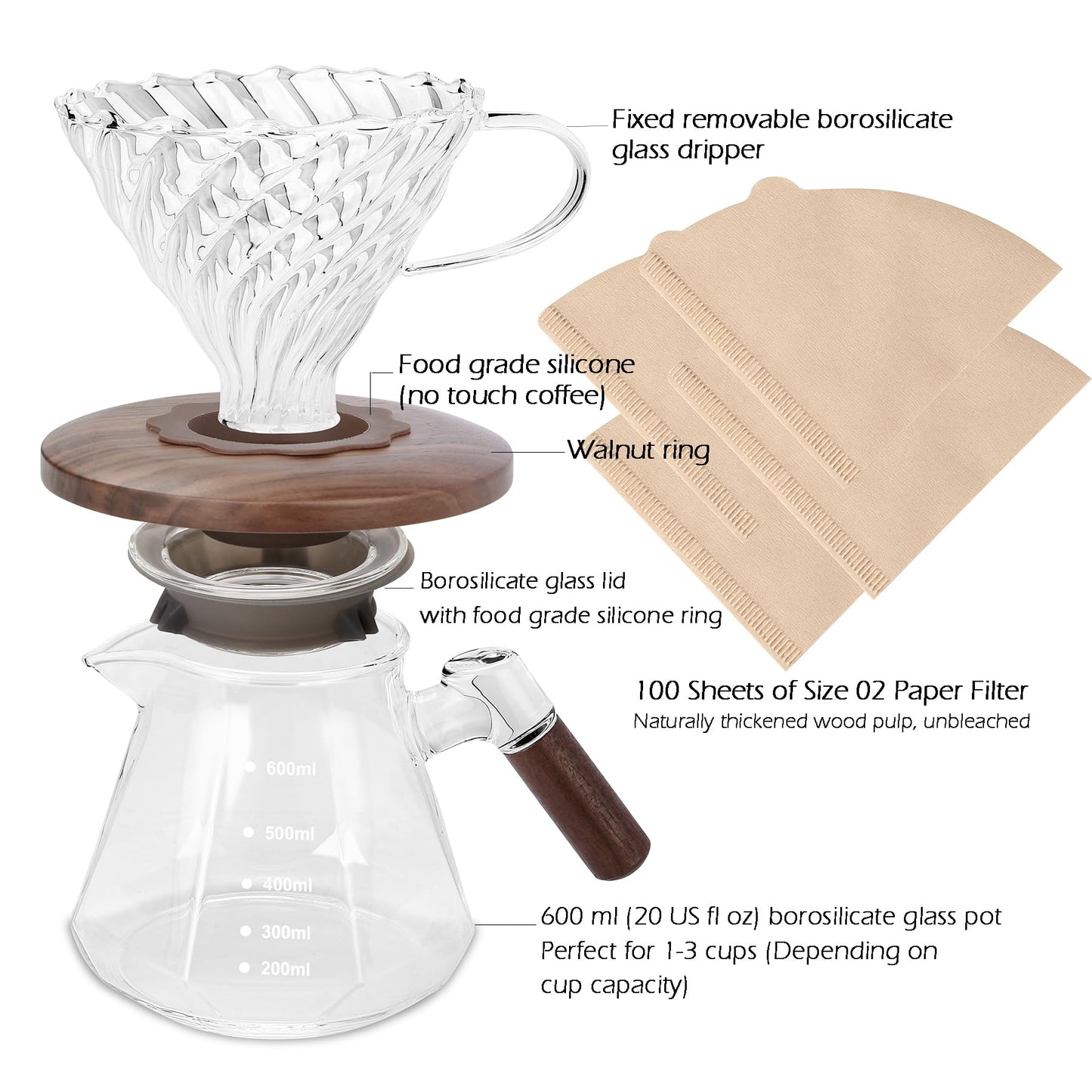 Pour Over Coffee Dripper with 100 pcs of Size 02 Paper Filter, Borosilicate Glass & Walnut Collar, Drip Coffee Maker, 1-3 Cups, Clear (Coffee Dripper)