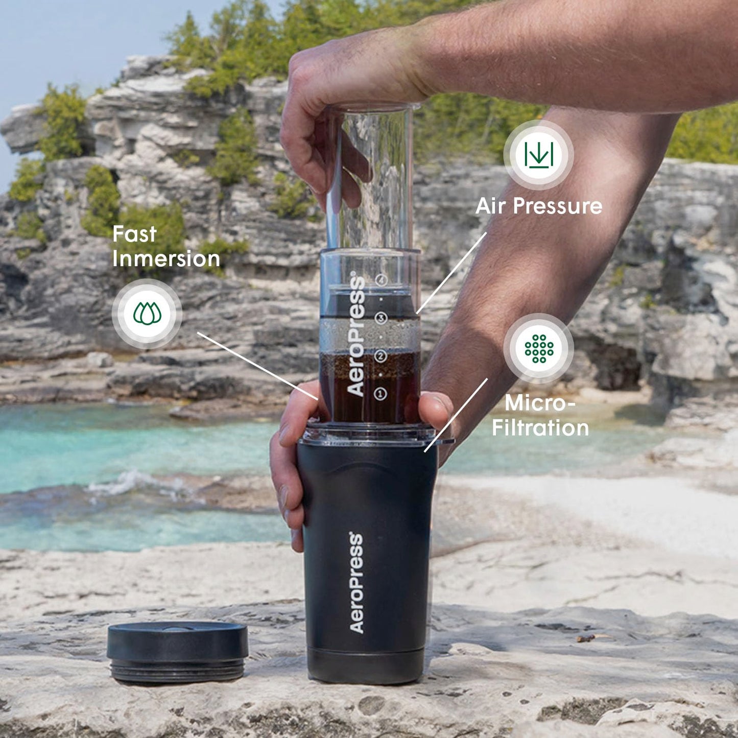AeroPress Go Travel Coffee Press Kit - 3 in 1 brew method combines French Press, Pourover, Espresso - Full bodied coffee without grit or bitterness - Small portable coffee maker for camping & travel