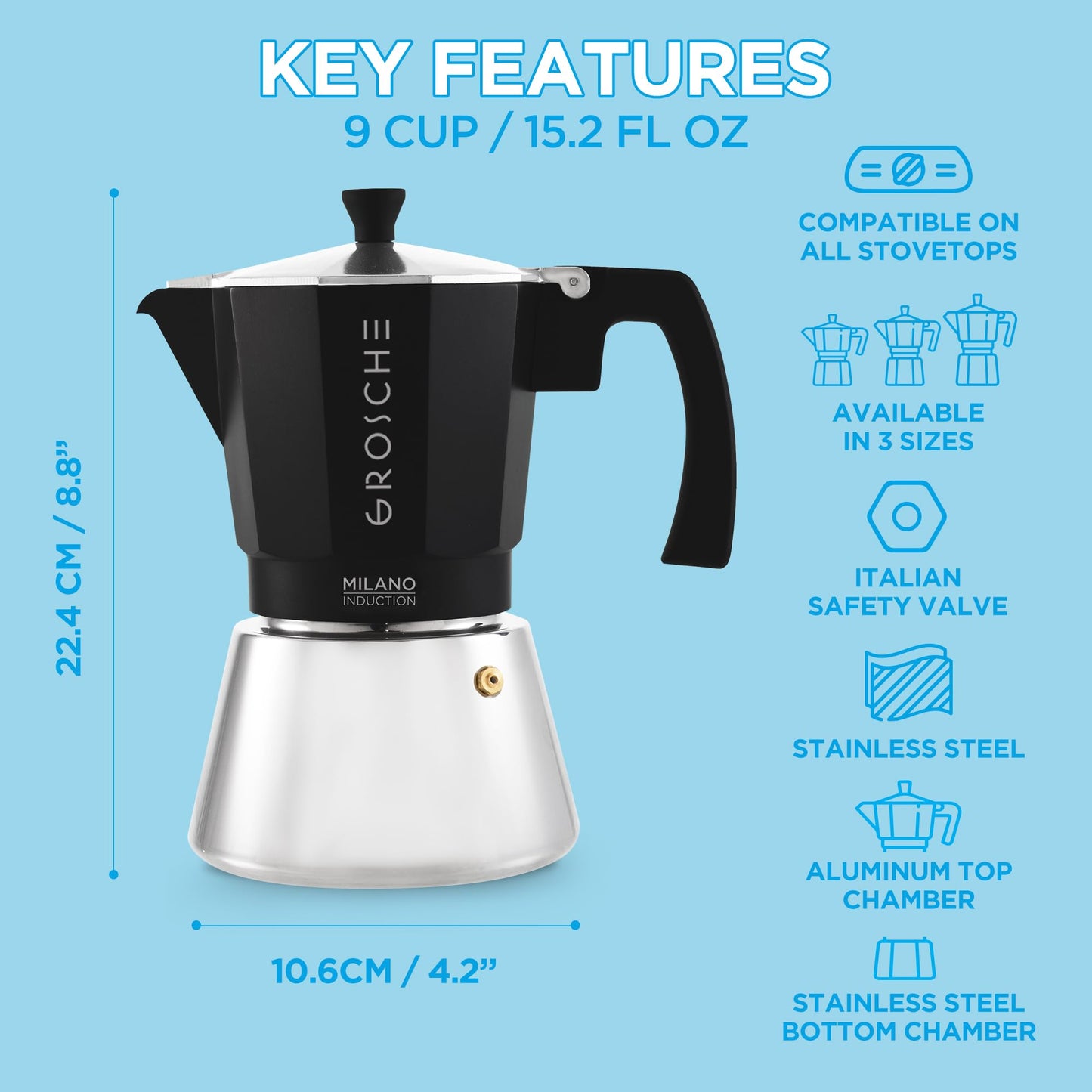 GROSCHE Milano Stovetop Espresso Maker Moka Pot 3 espresso Cup - 5oz, Red - Cuban Coffee Maker Stove top coffee maker Moka Italian espresso greca coffee maker brewer percolator