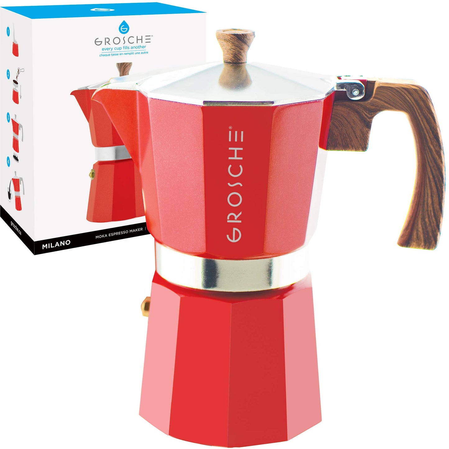 GROSCHE Milano Stovetop Espresso Maker Moka Pot 3 espresso Cup - 5oz, Red - Cuban Coffee Maker Stove top coffee maker Moka Italian espresso greca coffee maker brewer percolator