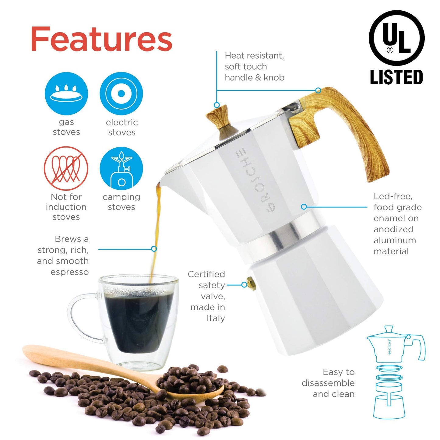 GROSCHE Milano Stovetop Espresso Maker Moka Pot 3 espresso Cup - 5oz, Red - Cuban Coffee Maker Stove top coffee maker Moka Italian espresso greca coffee maker brewer percolator