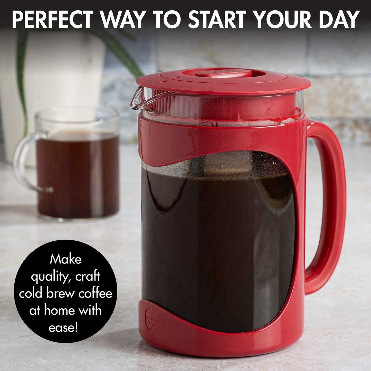 Primula Burke Deluxe Cold Brew Iced Coffee Maker, Comfort Grip Handle, Durable Glass Carafe, Removable Mesh Filter, Perfect 6 Cup Size, Dishwasher Safe, 1.6 qt, White