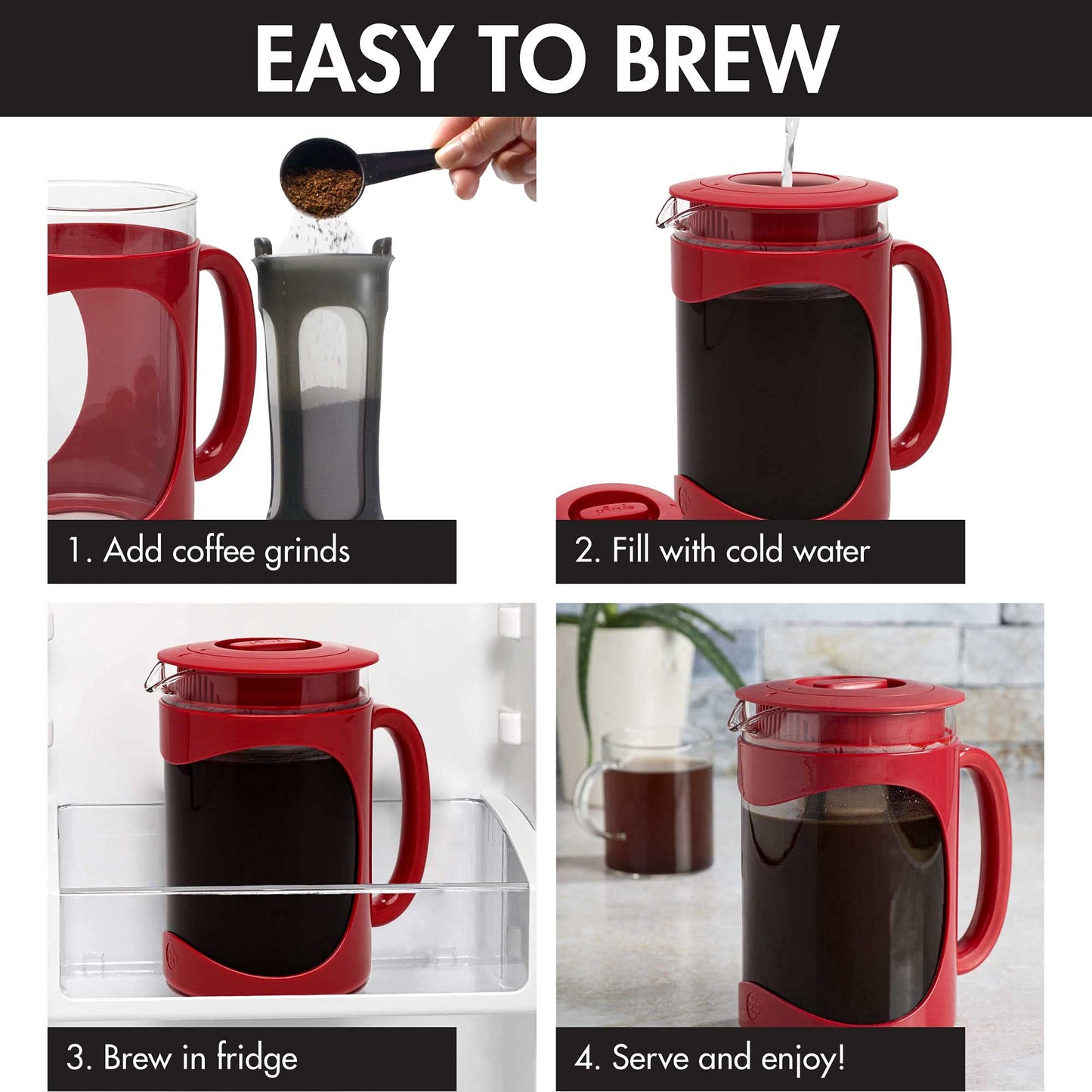 Primula Burke Deluxe Cold Brew Iced Coffee Maker, Comfort Grip Handle, Durable Glass Carafe, Removable Mesh Filter, Perfect 6 Cup Size, Dishwasher Safe, 1.6 qt, White