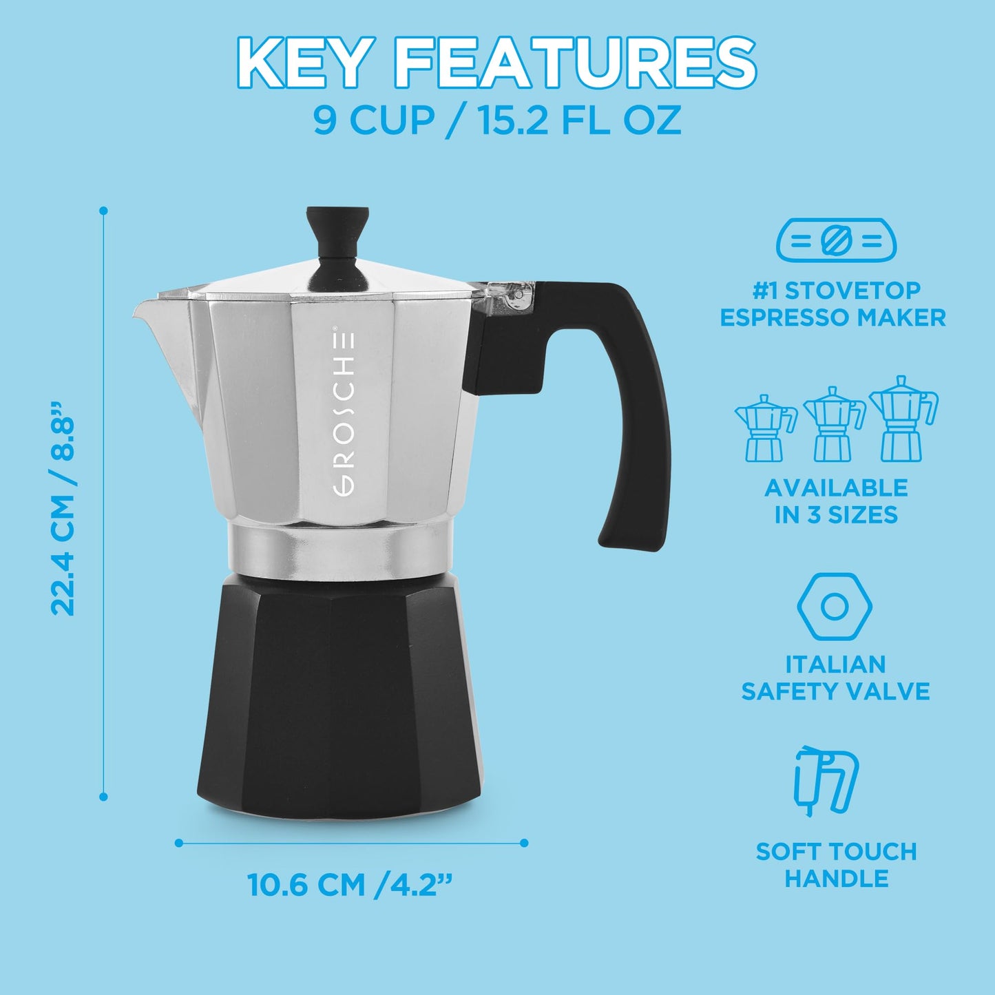 GROSCHE Milano Stovetop Espresso Maker Moka Pot 3 espresso Cup - 5oz, Red - Cuban Coffee Maker Stove top coffee maker Moka Italian espresso greca coffee maker brewer percolator