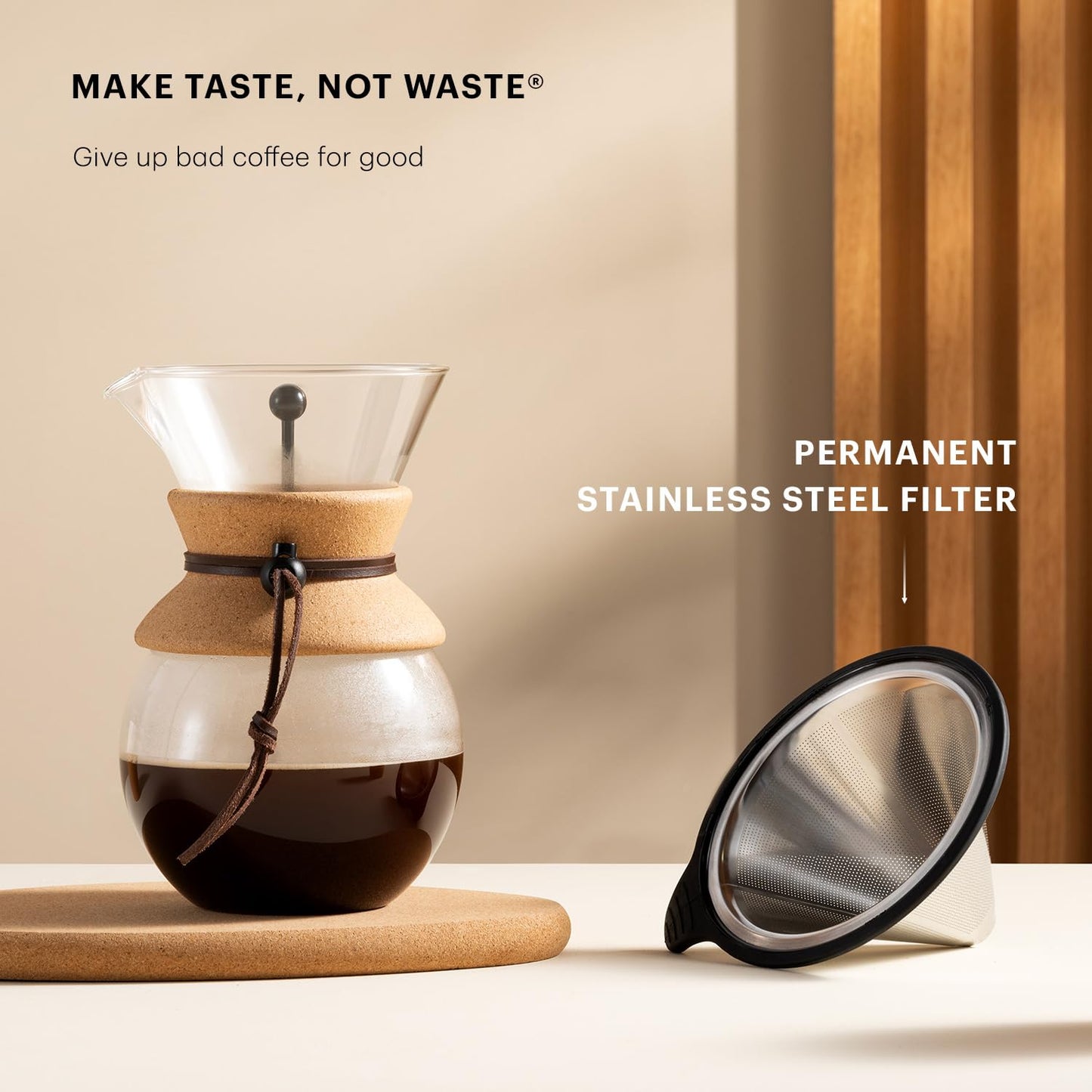 Bodum 34 Oz Pour Over Coffee Maker, High-Heat Borosilicate Glass with Reusable Stainless Steel Filter and Cork Grip - Made in Portugal