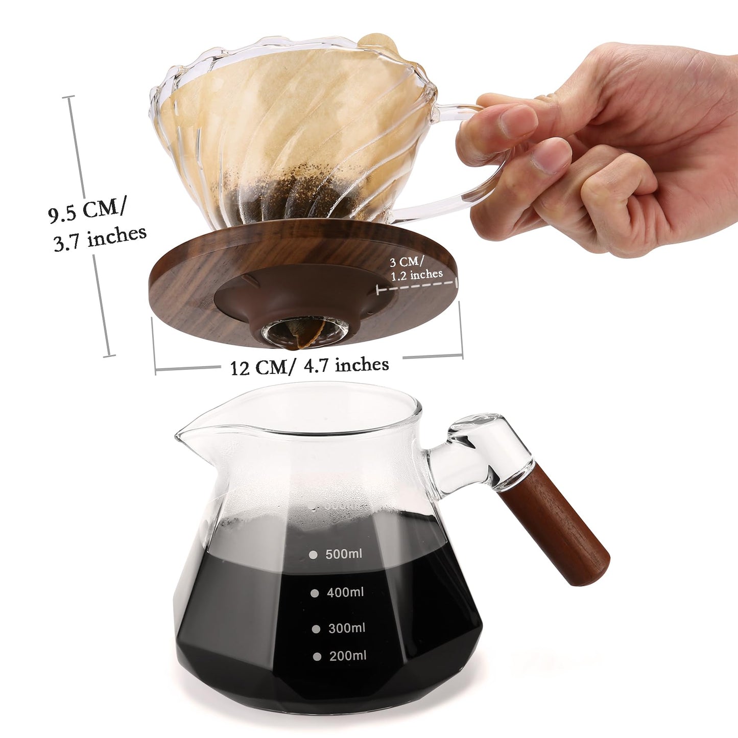 Pour Over Coffee Dripper with 100 pcs of Size 02 Paper Filter, Borosilicate Glass & Walnut Collar, Drip Coffee Maker, 1-3 Cups, Clear (Coffee Dripper)