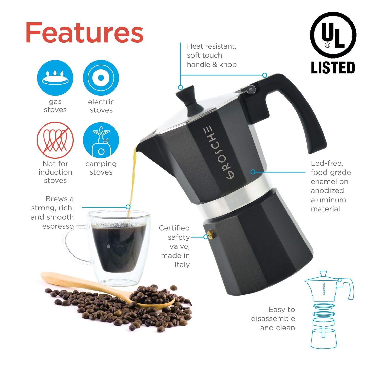 GROSCHE Milano Stovetop Espresso Maker Moka Pot 3 espresso Cup - 5oz, Red - Cuban Coffee Maker Stove top coffee maker Moka Italian espresso greca coffee maker brewer percolator