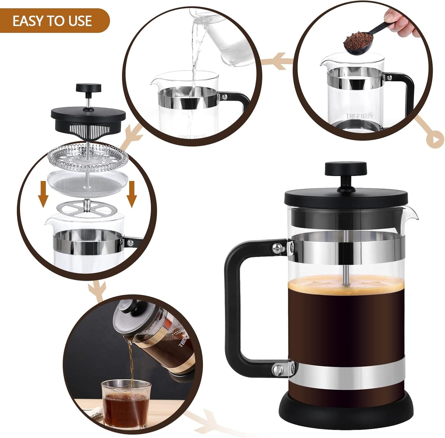 French Press Coffee Maker 21 oz, Cold Brew Heat Resistant Thickened Borosilicate Coffee Pot, Coffee Presses 600 ml, Tea and Frothed Milk Press (Black,21Ounce)