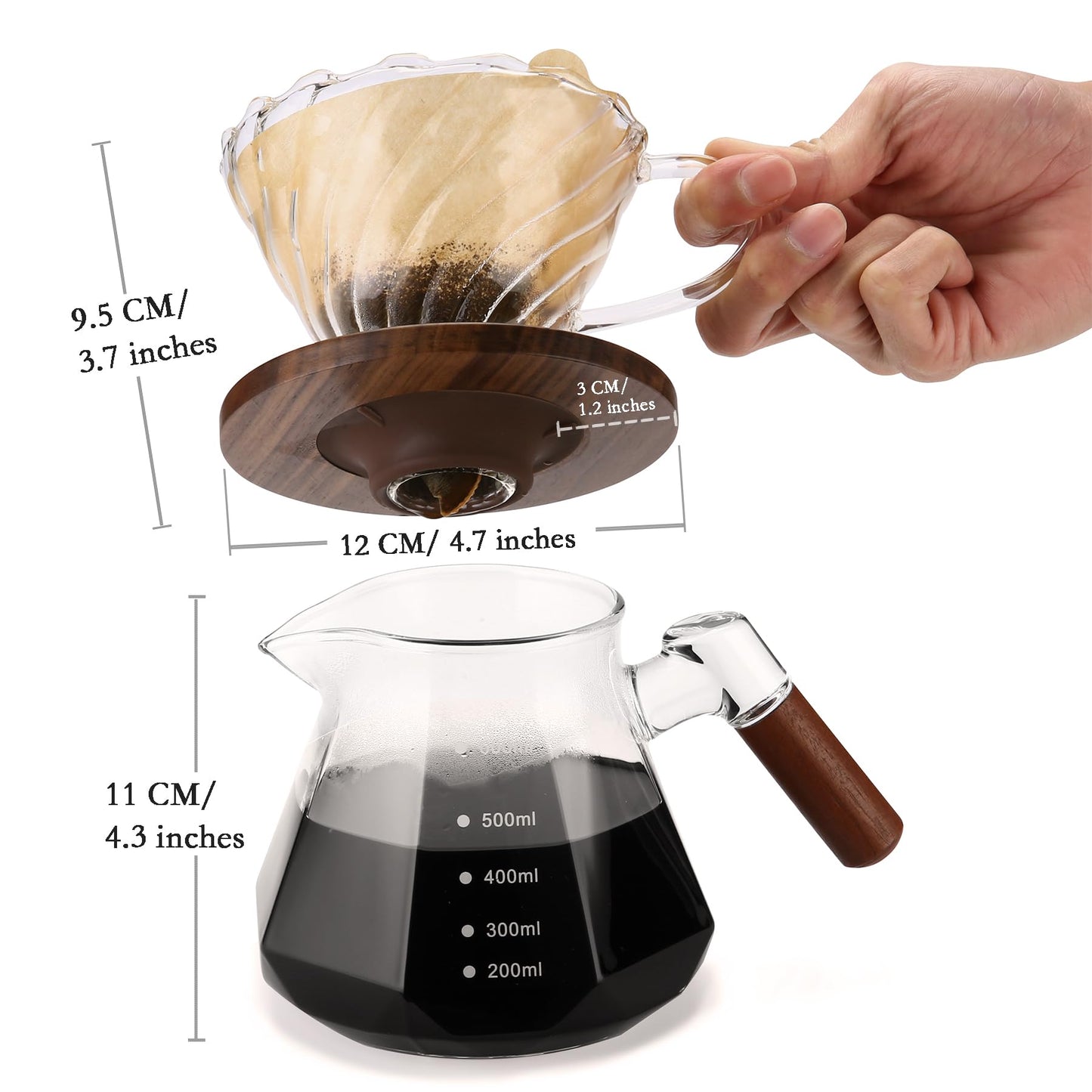 Pour Over Coffee Dripper with 100 pcs of Size 02 Paper Filter, Borosilicate Glass & Walnut Collar, Drip Coffee Maker, 1-3 Cups, Clear (Coffee Dripper)