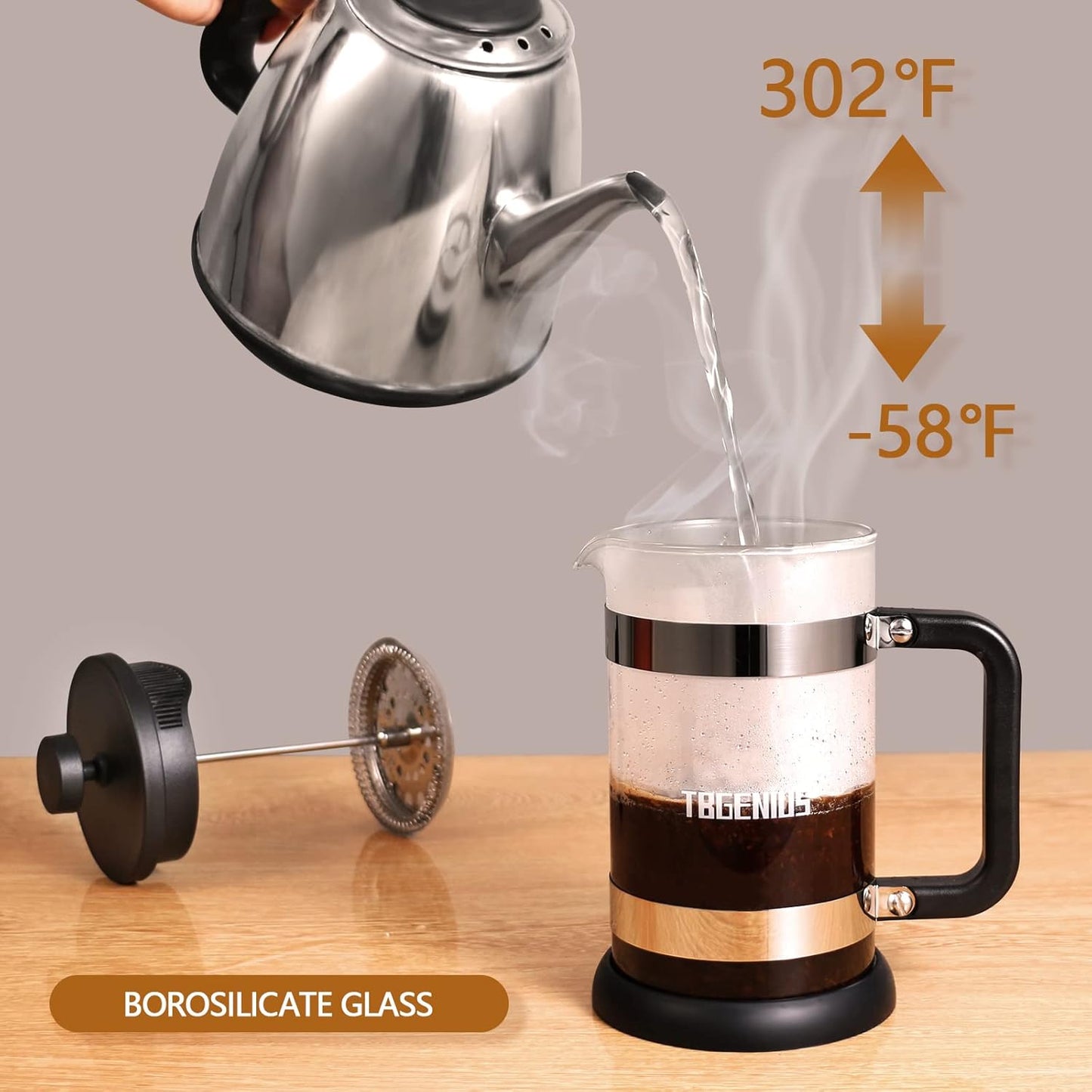 French Press Coffee Maker 21 oz, Cold Brew Heat Resistant Thickened Borosilicate Coffee Pot, Coffee Presses 600 ml, Tea and Frothed Milk Press (Black,21Ounce)