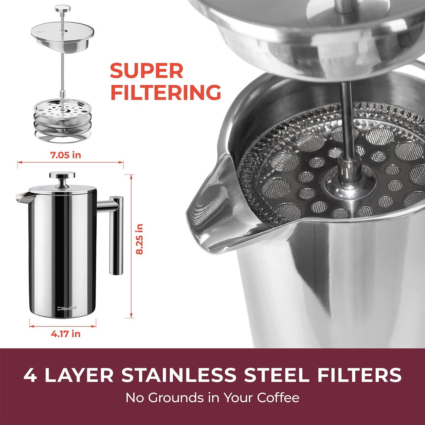 MuellerLiving French Press Coffee Maker 20oz, Stainless Steel French Press Coffee, 4 Filter Heat Resistant Double Insulated, Rust-Free, Food Grade, Dishwasher Safe Coffee Pot