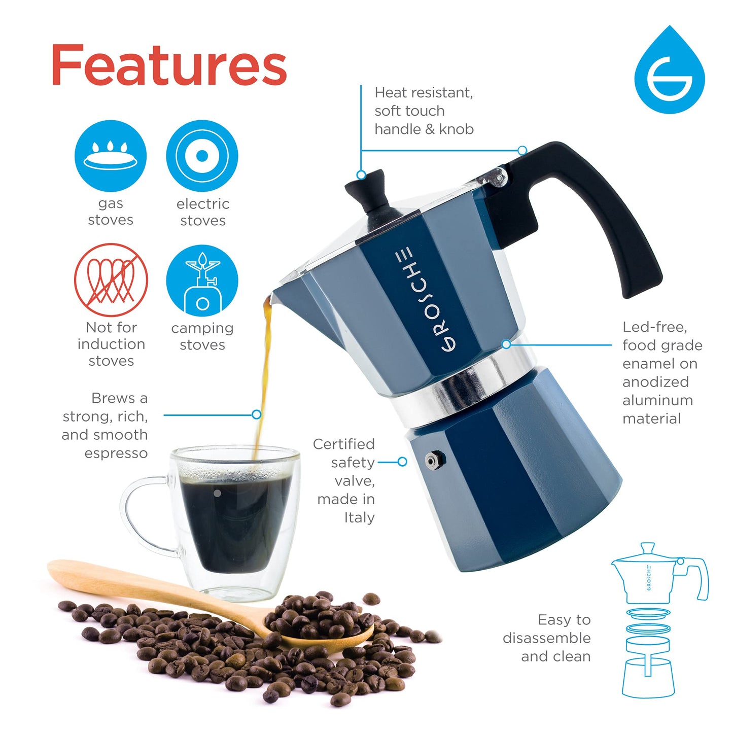GROSCHE Milano Stovetop Espresso Maker Moka Pot 3 espresso Cup - 5oz, Red - Cuban Coffee Maker Stove top coffee maker Moka Italian espresso greca coffee maker brewer percolator