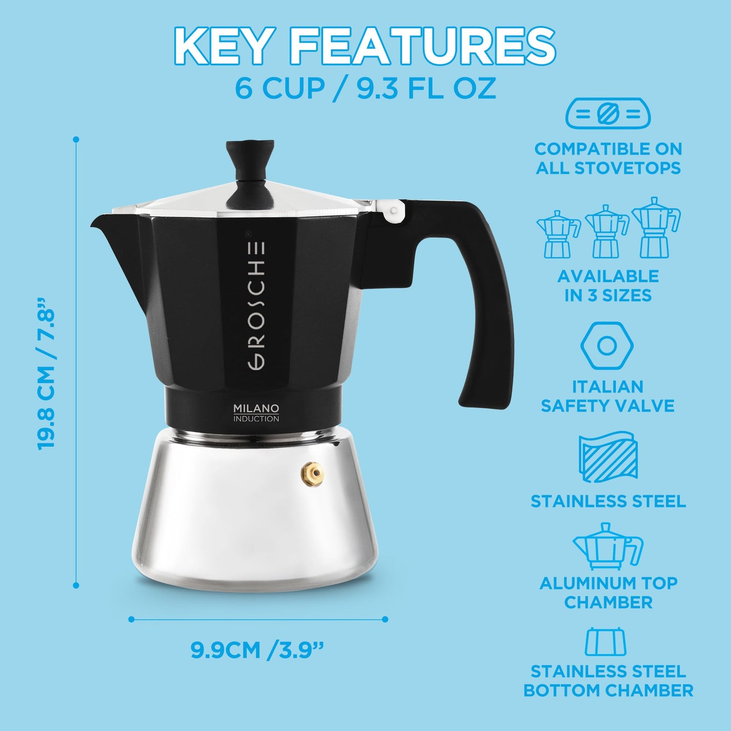 GROSCHE Milano Stovetop Espresso Maker Moka Pot 3 espresso Cup - 5oz, Red - Cuban Coffee Maker Stove top coffee maker Moka Italian espresso greca coffee maker brewer percolator