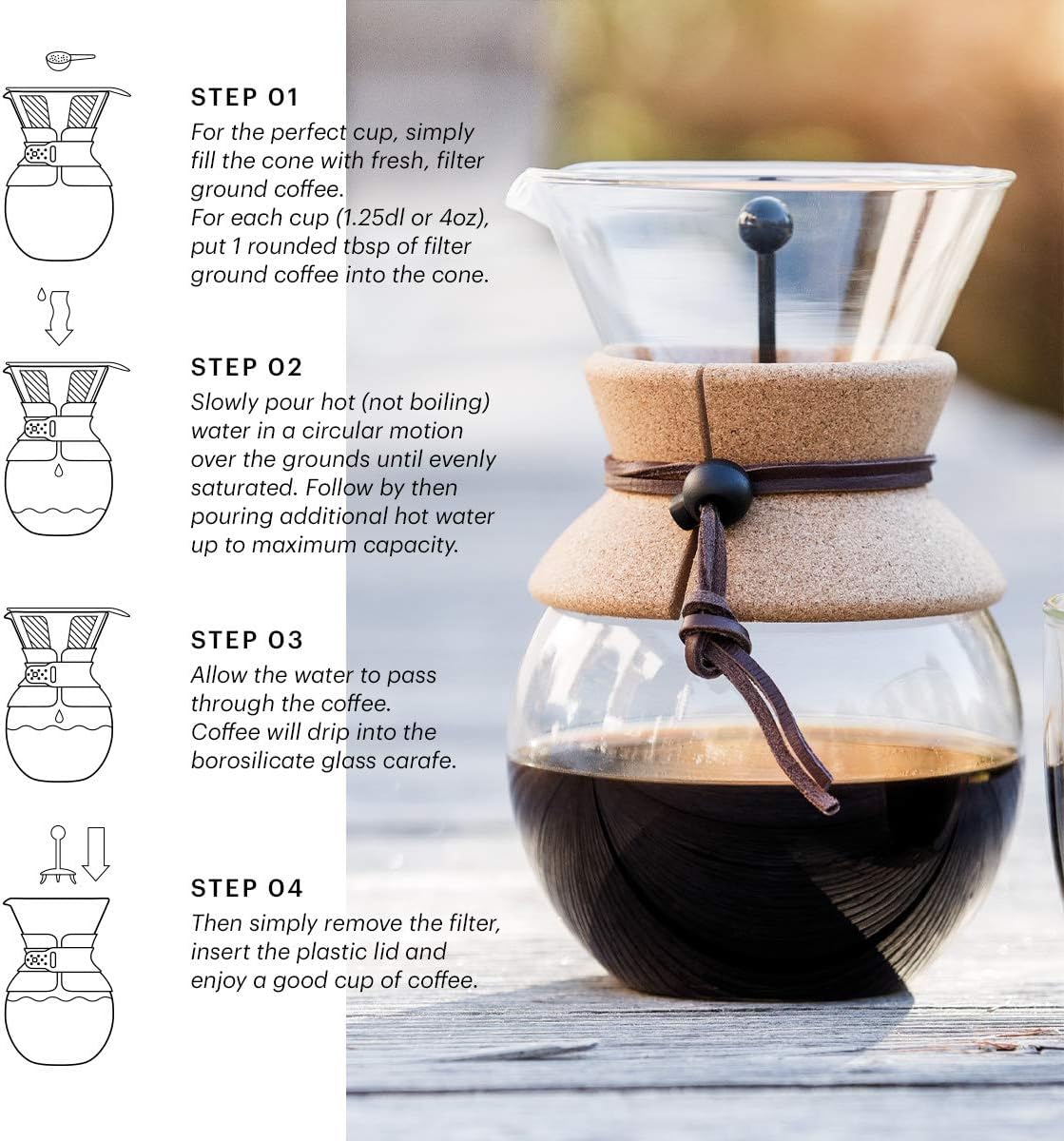 Bodum 34 Oz Pour Over Coffee Maker, High-Heat Borosilicate Glass with Reusable Stainless Steel Filter and Cork Grip - Made in Portugal