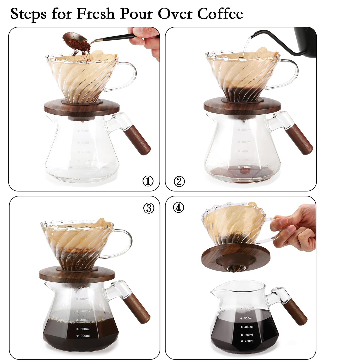 Pour Over Coffee Dripper with 100 pcs of Size 02 Paper Filter, Borosilicate Glass & Walnut Collar, Drip Coffee Maker, 1-3 Cups, Clear (Coffee Dripper)