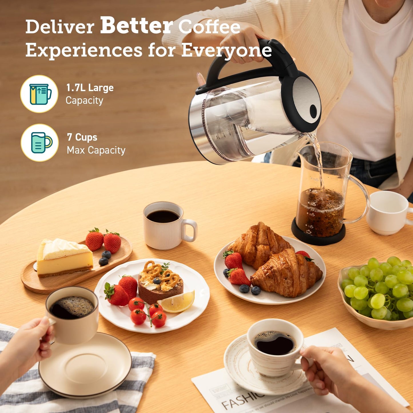 Cosori Electric Kettle, No Plastic Filter & Spout, Stainless Steel Inner Lid, 1.7L Tea Kettle & Hot Water Boiler For Coffee & Tea, Water Heater & Teapot, Automatic Shut Off, Black, 1500W