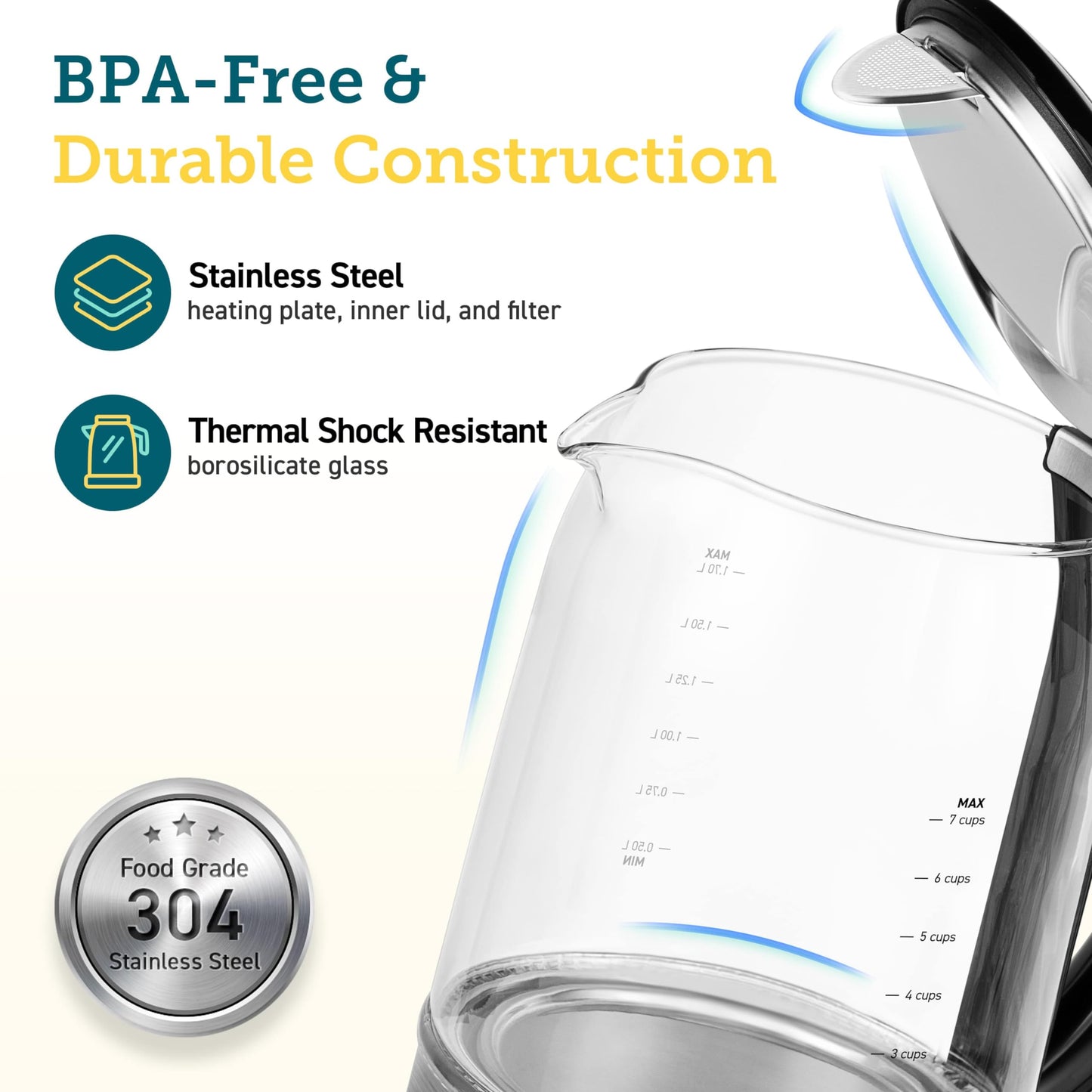Cosori Electric Kettle, No Plastic Filter & Spout, Stainless Steel Inner Lid, 1.7L Tea Kettle & Hot Water Boiler For Coffee & Tea, Water Heater & Teapot, Automatic Shut Off, Black, 1500W