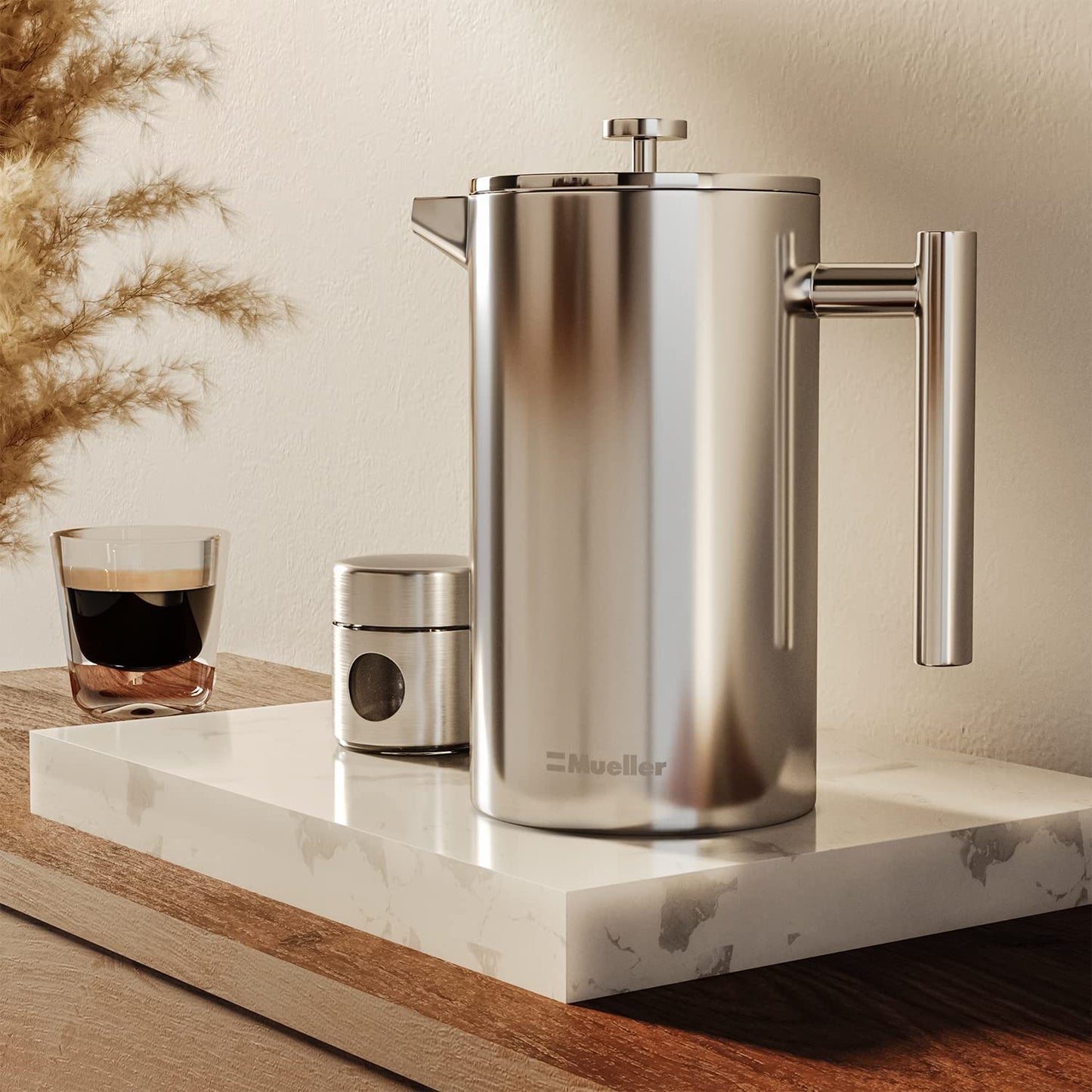MuellerLiving French Press Coffee Maker 20oz, Stainless Steel French Press Coffee, 4 Filter Heat Resistant Double Insulated, Rust-Free, Food Grade, Dishwasher Safe Coffee Pot