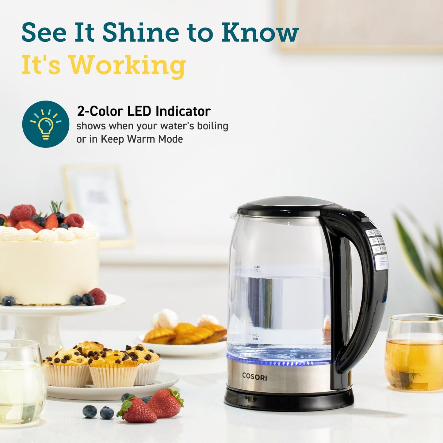 Cosori Electric Kettle, No Plastic Filter & Spout, Stainless Steel Inner Lid, 1.7L Tea Kettle & Hot Water Boiler For Coffee & Tea, Water Heater & Teapot, Automatic Shut Off, Black, 1500W
