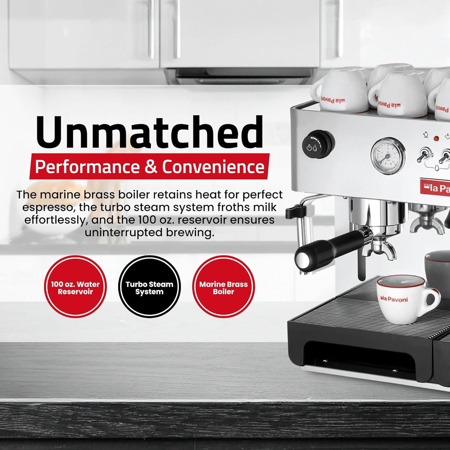 La Pavoni Domus Bar Espresso/Cappuccino Machine - Built-in Conical Burr Grinder with 7 Settings - Stainless Steel Body - 2.7L Water Reservoir - Turbo Steam Wand & Marine Brass Boiler - Made in Italy