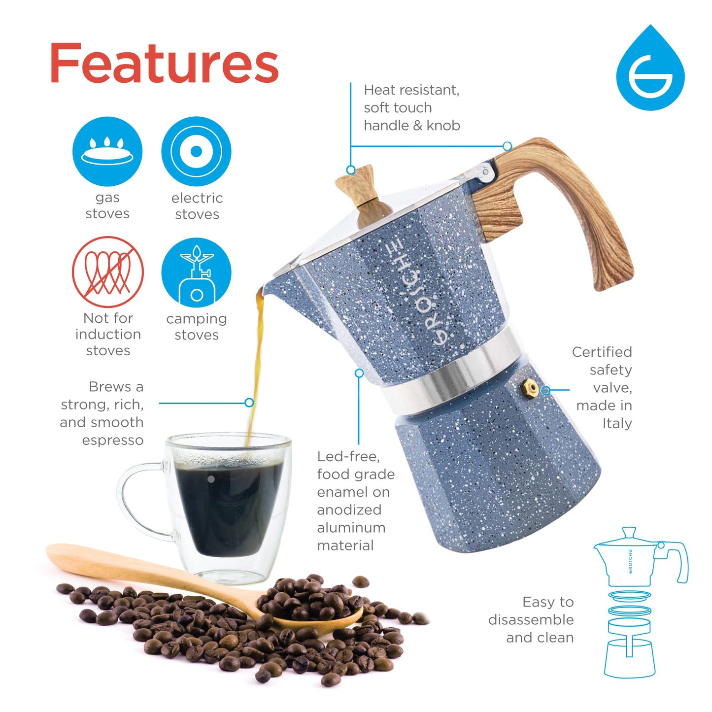 GROSCHE Milano Stovetop Espresso Maker Moka Pot 3 espresso Cup - 5oz, Red - Cuban Coffee Maker Stove top coffee maker Moka Italian espresso greca coffee maker brewer percolator