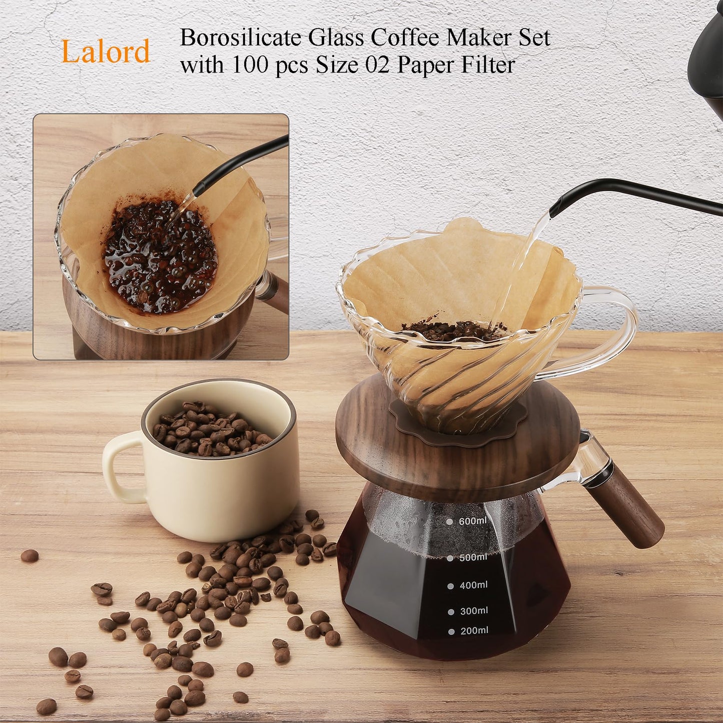 Pour Over Coffee Dripper with 100 pcs of Size 02 Paper Filter, Borosilicate Glass & Walnut Collar, Drip Coffee Maker, 1-3 Cups, Clear (Coffee Dripper)