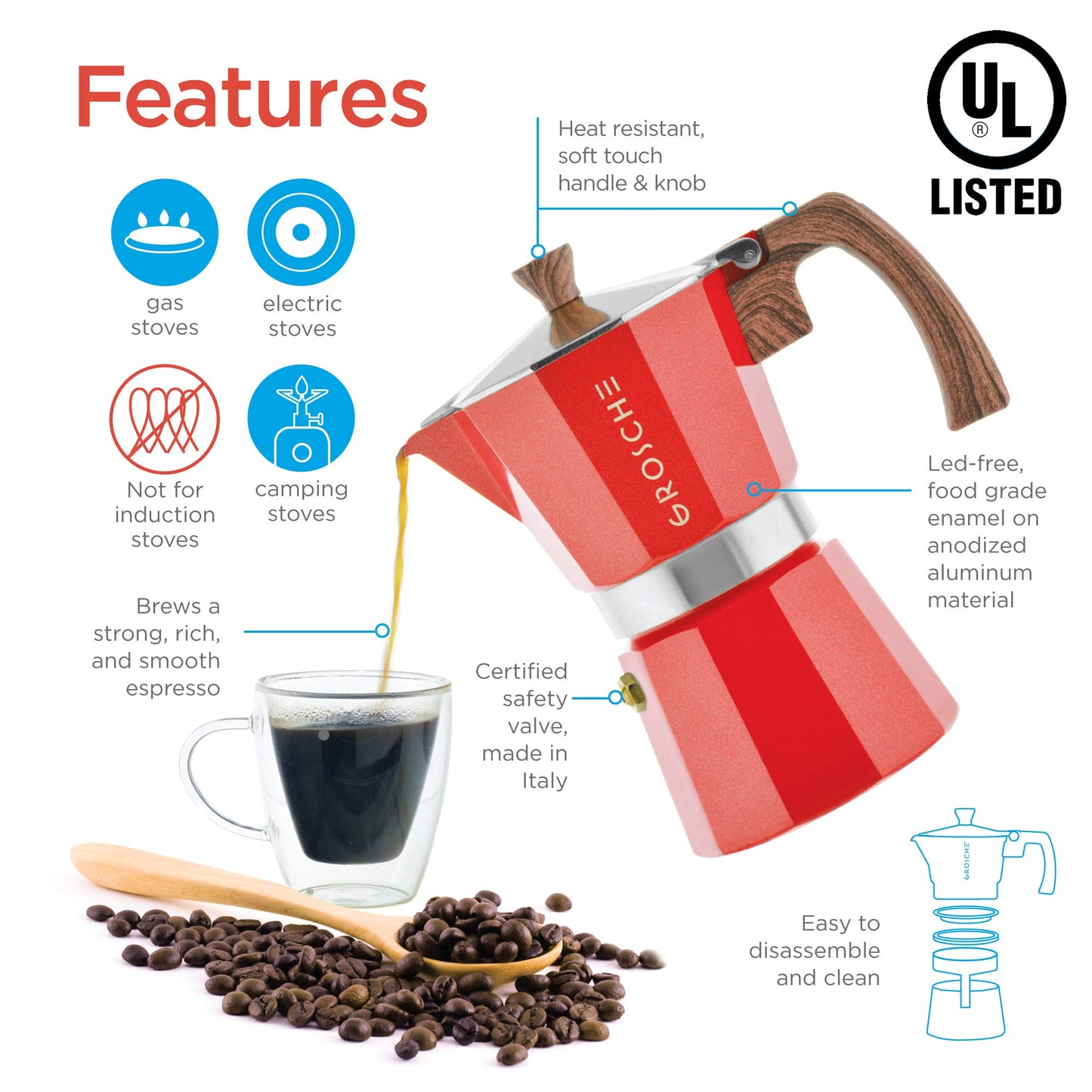 GROSCHE Milano Stovetop Espresso Maker Moka Pot 3 espresso Cup - 5oz, Red - Cuban Coffee Maker Stove top coffee maker Moka Italian espresso greca coffee maker brewer percolator