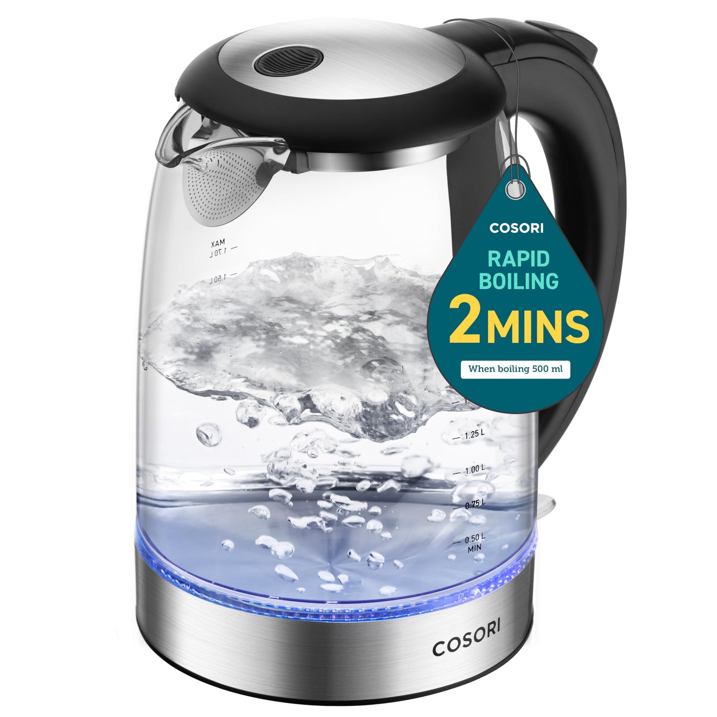 Cosori Electric Kettle, No Plastic Filter & Spout, Stainless Steel Inner Lid, 1.7L Tea Kettle & Hot Water Boiler For Coffee & Tea, Water Heater & Teapot, Automatic Shut Off, Black, 1500W