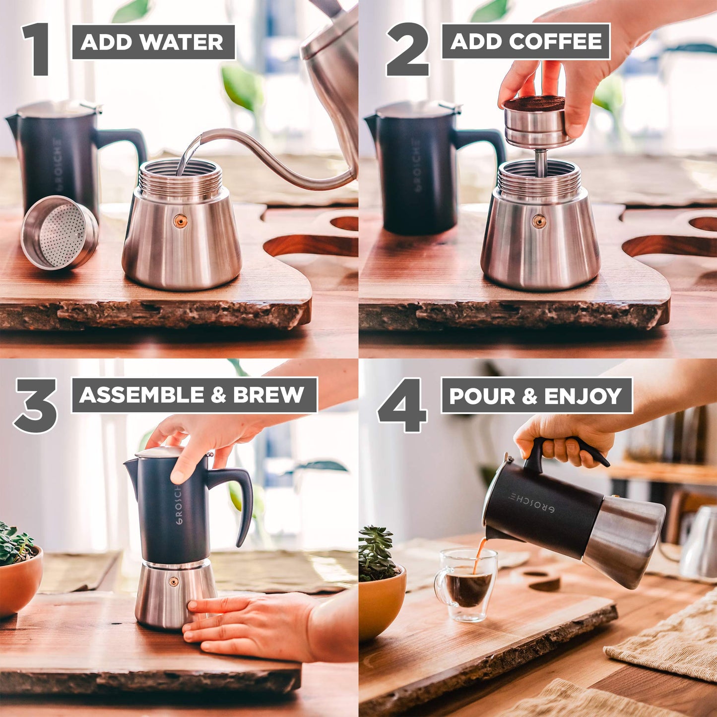 GROSCHE Milano Steel | 6 Espresso Cup | Stovetop Espresso Maker: Stainless Steel Moka Pot for Greca, Induction, Electric & Gas Stoves | Dishwasher Safe Stovetop Espresso Maker Moka Pot