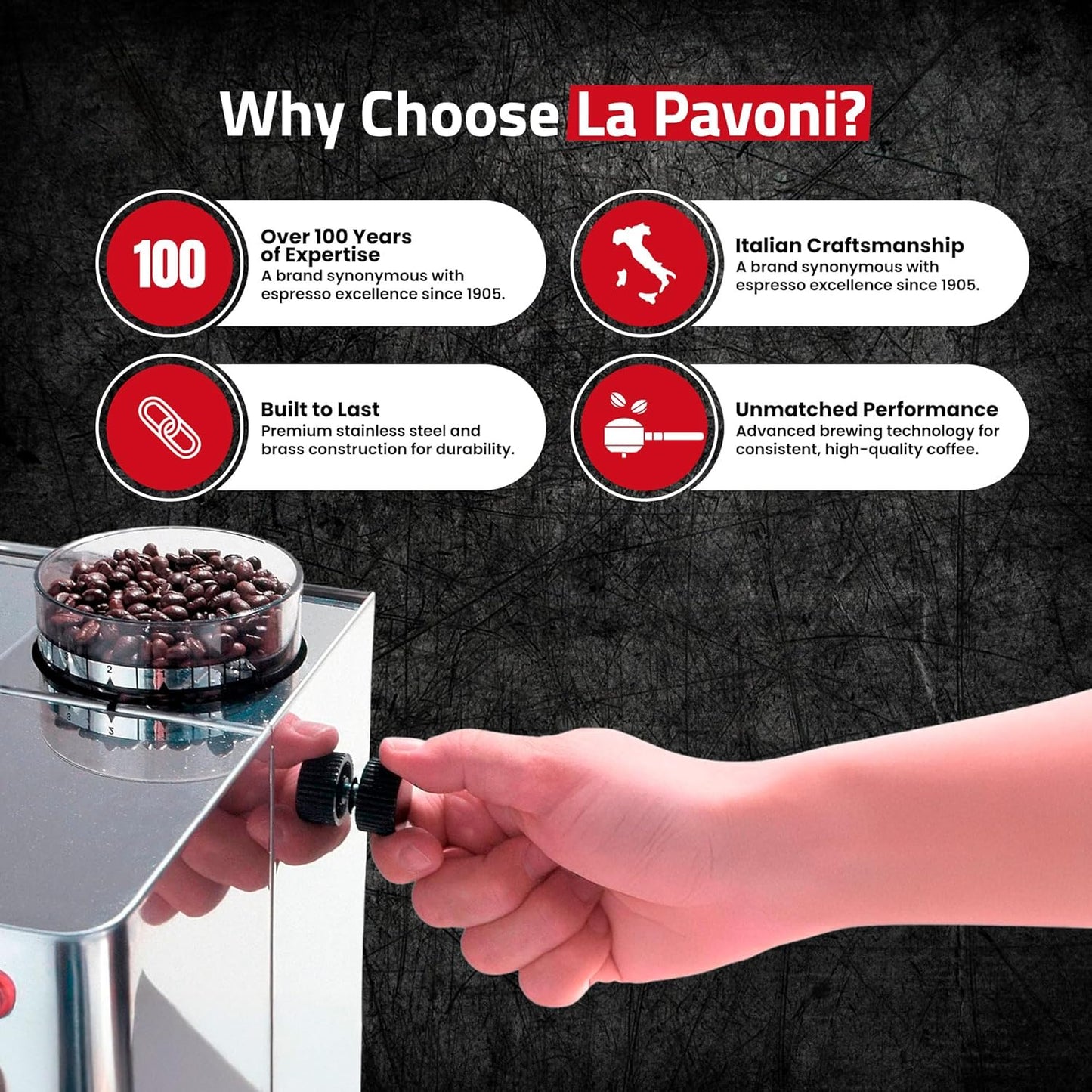 La Pavoni Domus Bar Espresso/Cappuccino Machine - Built-in Conical Burr Grinder with 7 Settings - Stainless Steel Body - 2.7L Water Reservoir - Turbo Steam Wand & Marine Brass Boiler - Made in Italy