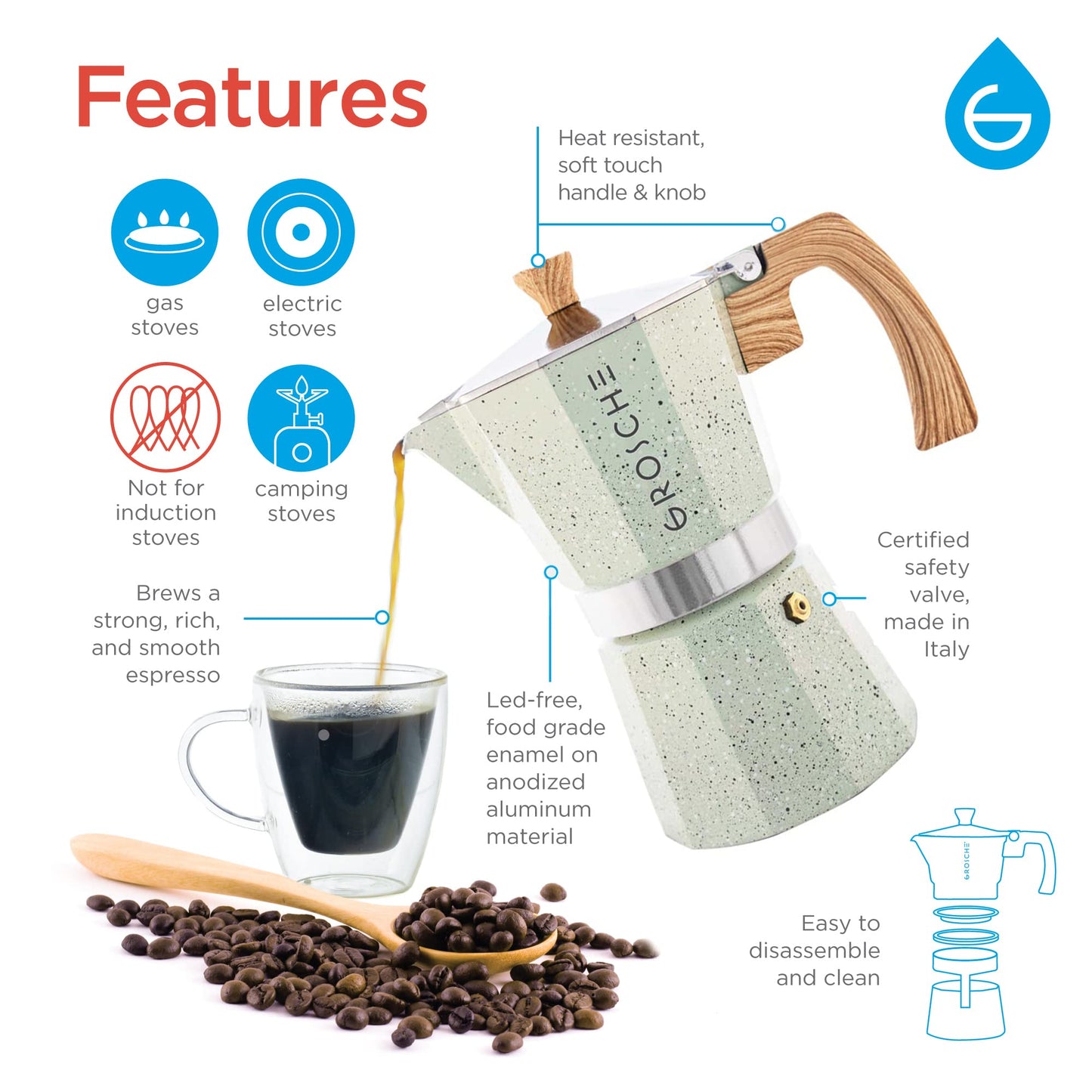 GROSCHE Milano Stovetop Espresso Maker Moka Pot 3 espresso Cup - 5oz, Red - Cuban Coffee Maker Stove top coffee maker Moka Italian espresso greca coffee maker brewer percolator