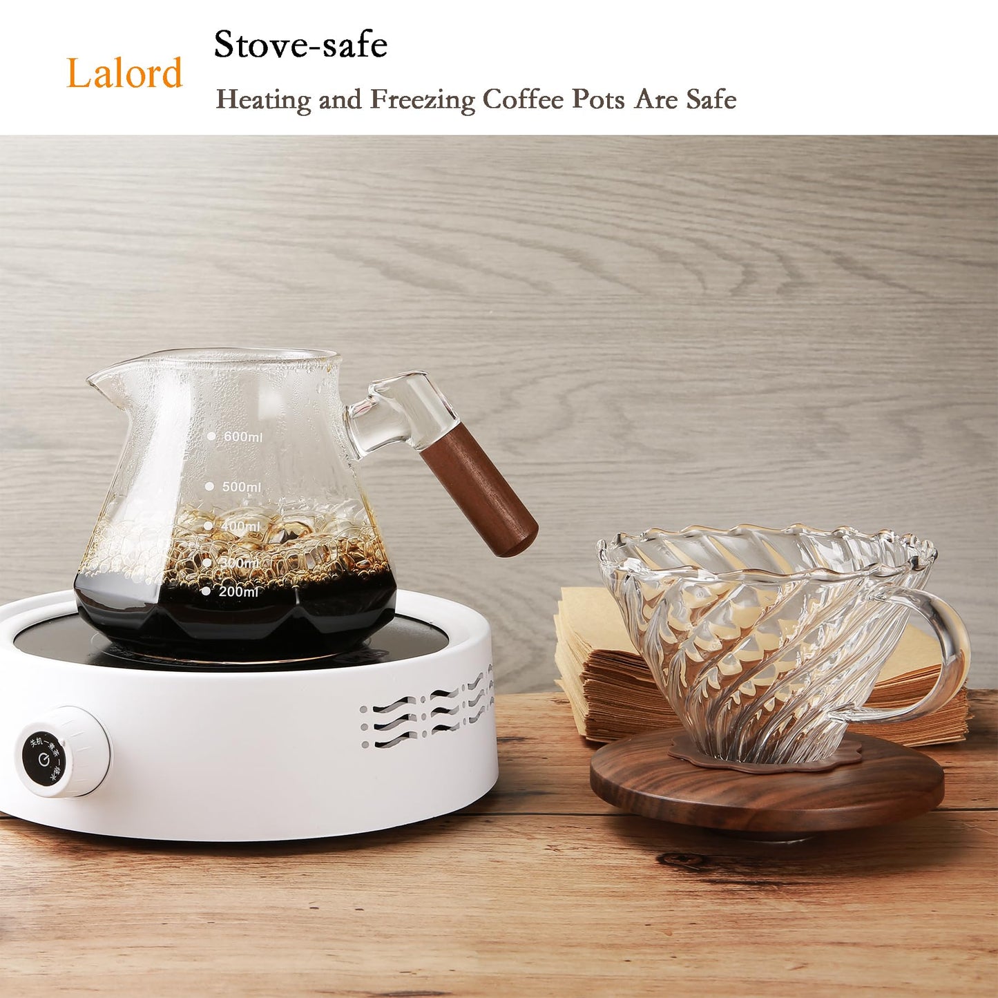 Pour Over Coffee Dripper with 100 pcs of Size 02 Paper Filter, Borosilicate Glass & Walnut Collar, Drip Coffee Maker, 1-3 Cups, Clear (Coffee Dripper)