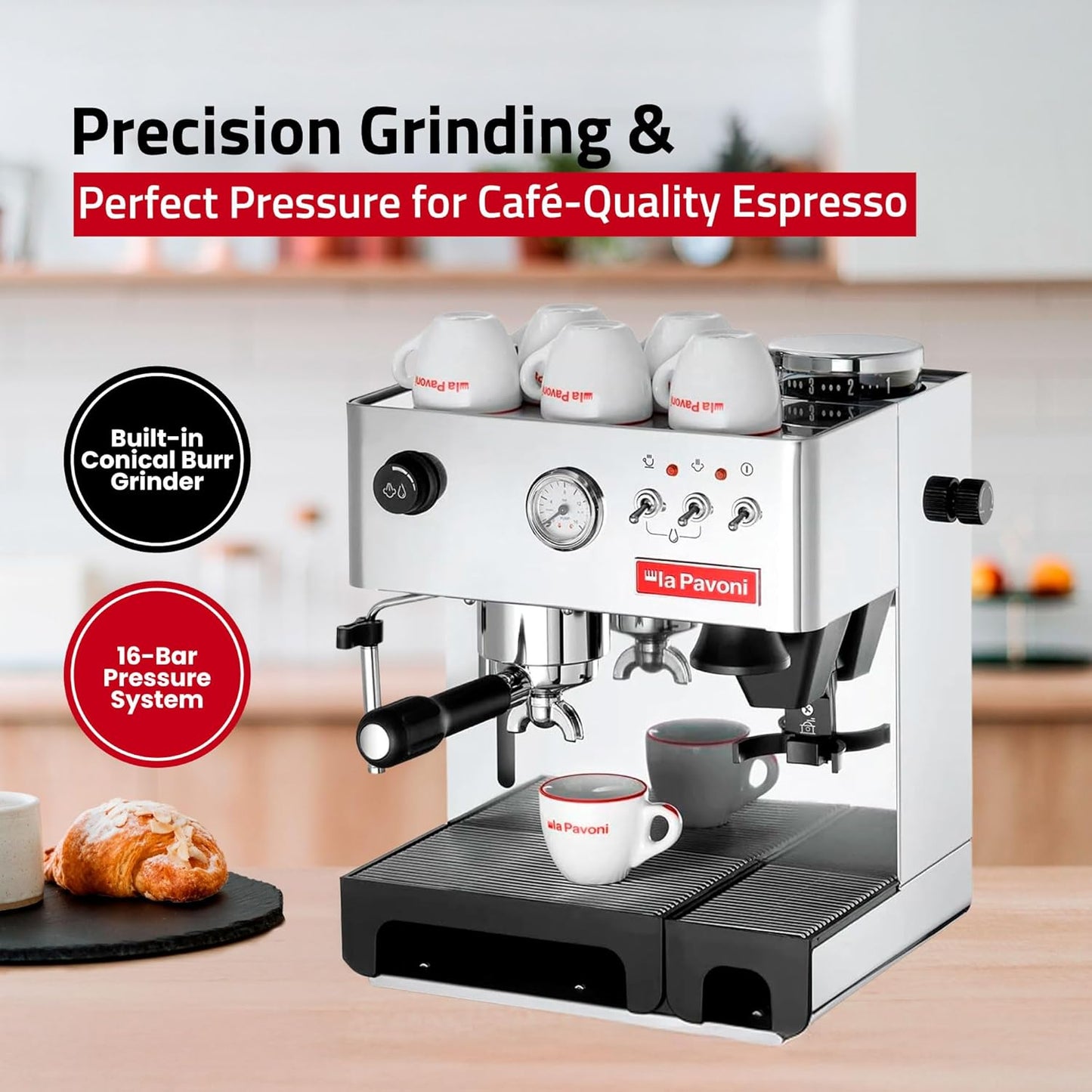 La Pavoni Domus Bar Espresso/Cappuccino Machine - Built-in Conical Burr Grinder with 7 Settings - Stainless Steel Body - 2.7L Water Reservoir - Turbo Steam Wand & Marine Brass Boiler - Made in Italy