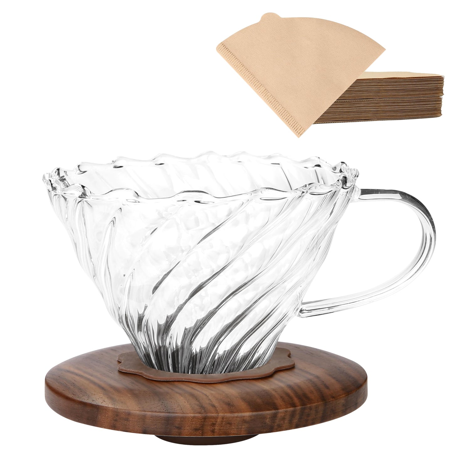 Pour Over Coffee Dripper with 100 pcs of Size 02 Paper Filter, Borosilicate Glass & Walnut Collar, Drip Coffee Maker, 1-3 Cups, Clear (Coffee Dripper)