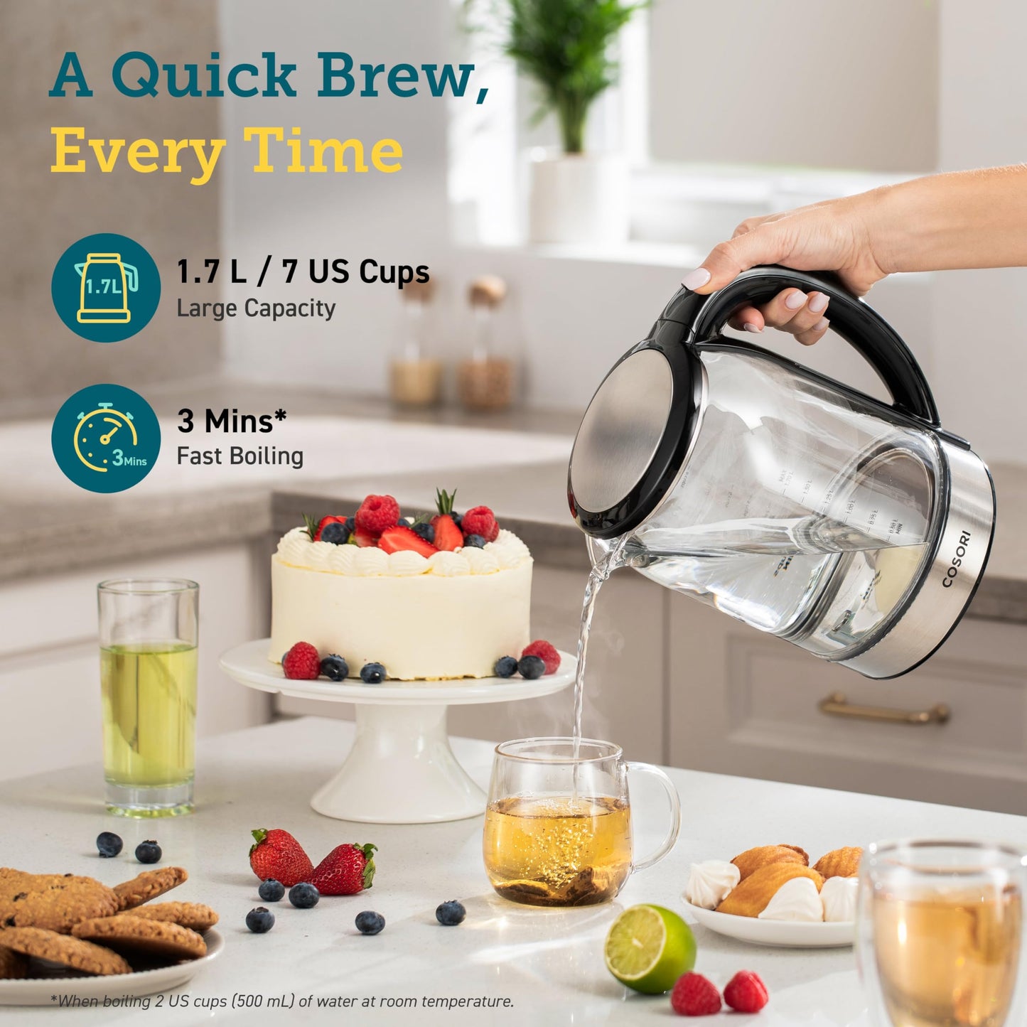 Cosori Electric Kettle, No Plastic Filter & Spout, Stainless Steel Inner Lid, 1.7L Tea Kettle & Hot Water Boiler For Coffee & Tea, Water Heater & Teapot, Automatic Shut Off, Black, 1500W