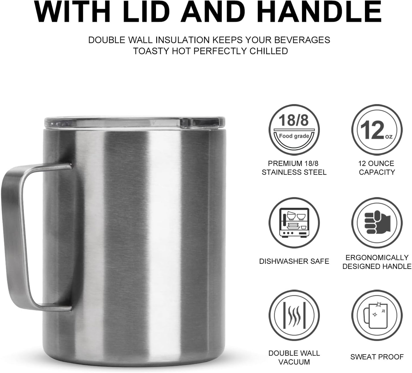 12 oz Insulated Stainless Steel Coffee Travel Mug with Handle and Lid for Coffee, Tea, hot Chocolate,Double Wall Vacuum Coffee Cup Keeps Coffee Hot (Purple)