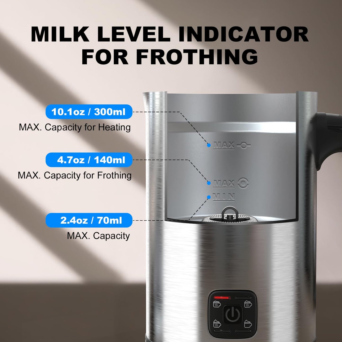 Electric Milk Frother, 4-in-1 Electric Milk Steamer,10 oz/300 ML Automatic Cold And Warm Foam Maker For Coffee,Latte,Cappuccino,Macciato, Hot chocolate,Non-Stick Coating,Easy Clean,Sliver