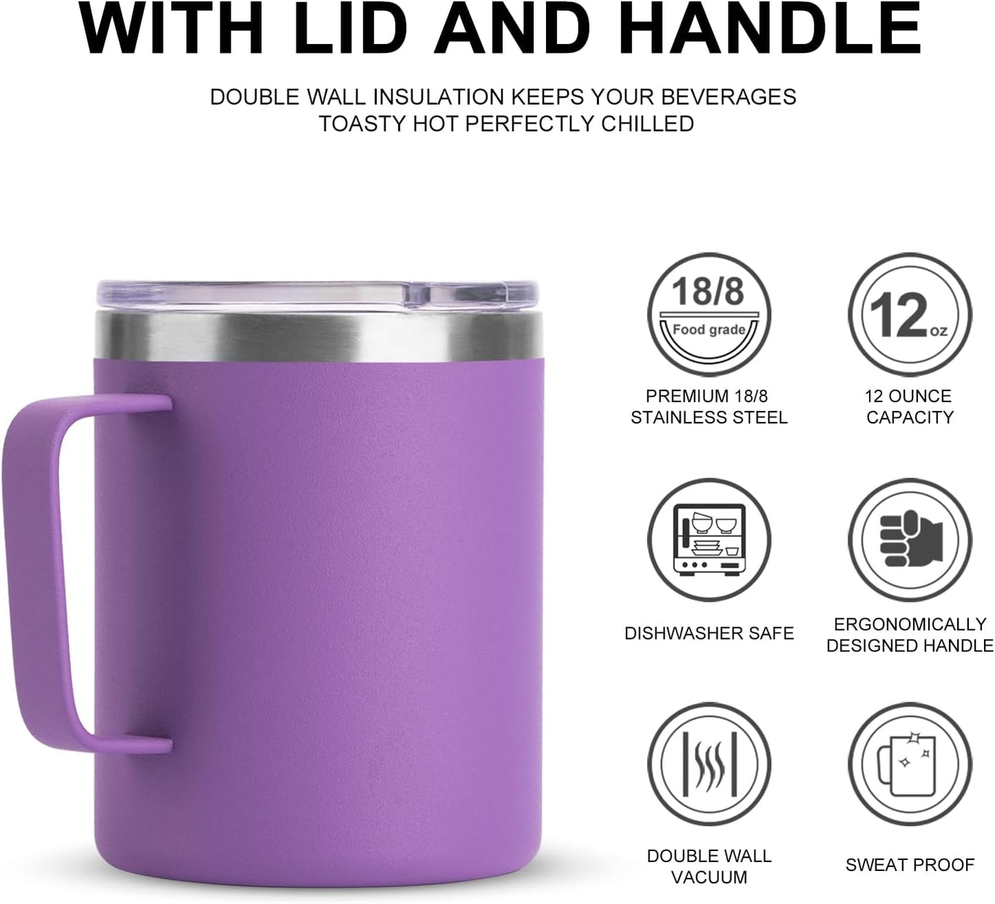 12 oz Insulated Stainless Steel Coffee Travel Mug with Handle and Lid for Coffee, Tea, hot Chocolate,Double Wall Vacuum Coffee Cup Keeps Coffee Hot (Purple)