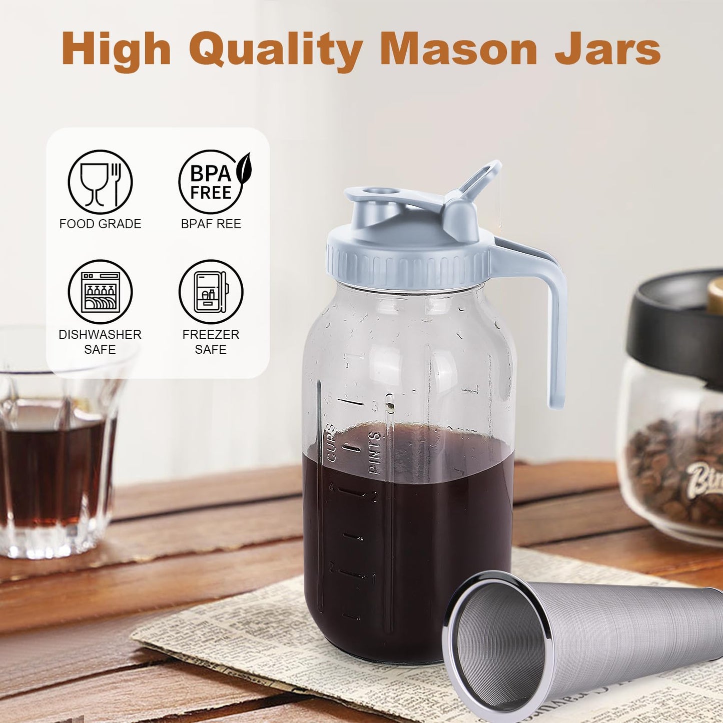 Cold Brew Coffee Maker, 64 oz Wide Mouth Mason Jar Pitcher with Stainless Steel Filter, Pour Spout Handle Lid, Heavy Duty Glass Airtight & Leak-Proof Pitcher for iced coffee & Tea Lemonade