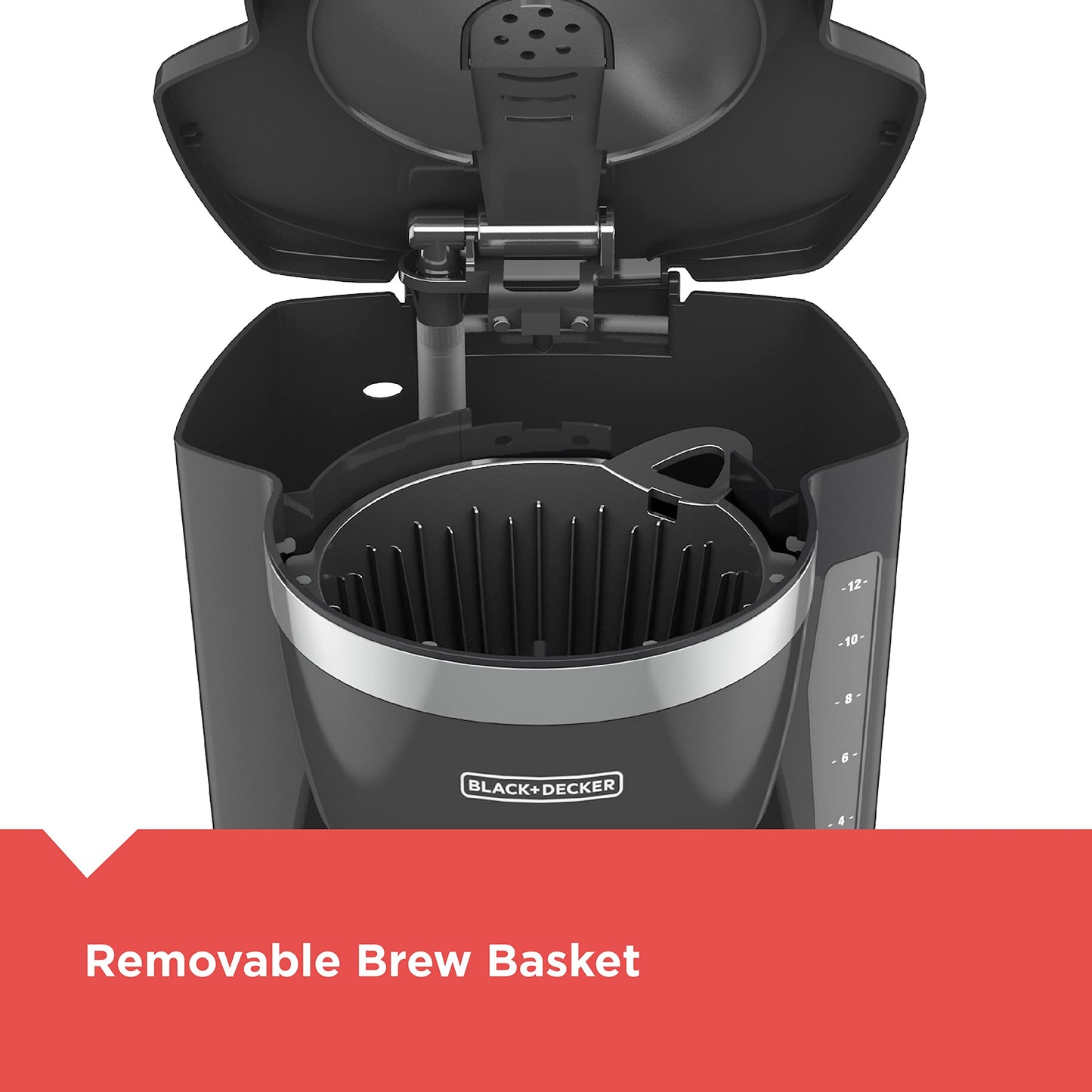 BLACK+DECKER 12-Cup Digital Coffee Maker, Programmable, Washable Basket Filter, Sneak-A-Cup, Auto Brew, Water Window, Keep Hot Plate, Black